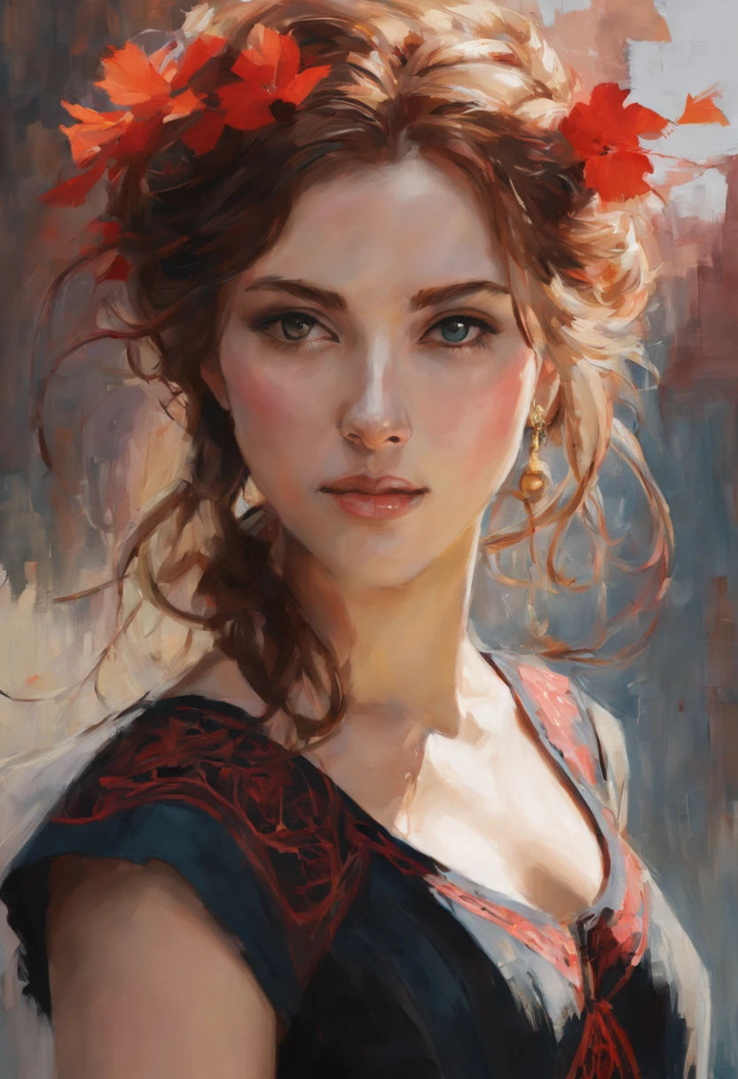 retrato feminino, Beautiful Nordic woman, longos cabelos loiros, olhos sorridentes, Looking at camera, boca sorridente, vestido vermelho decotado, acrylic painting, Pincelada arrojada e expressiva, estilo impressionista, Rosto detalhado, Epic surreal background, pinceladas muito pesadas com tinta texturizada grossa, Specialized lighting and shadows, alto contraste, pintura de arte, Wadim Kashin.