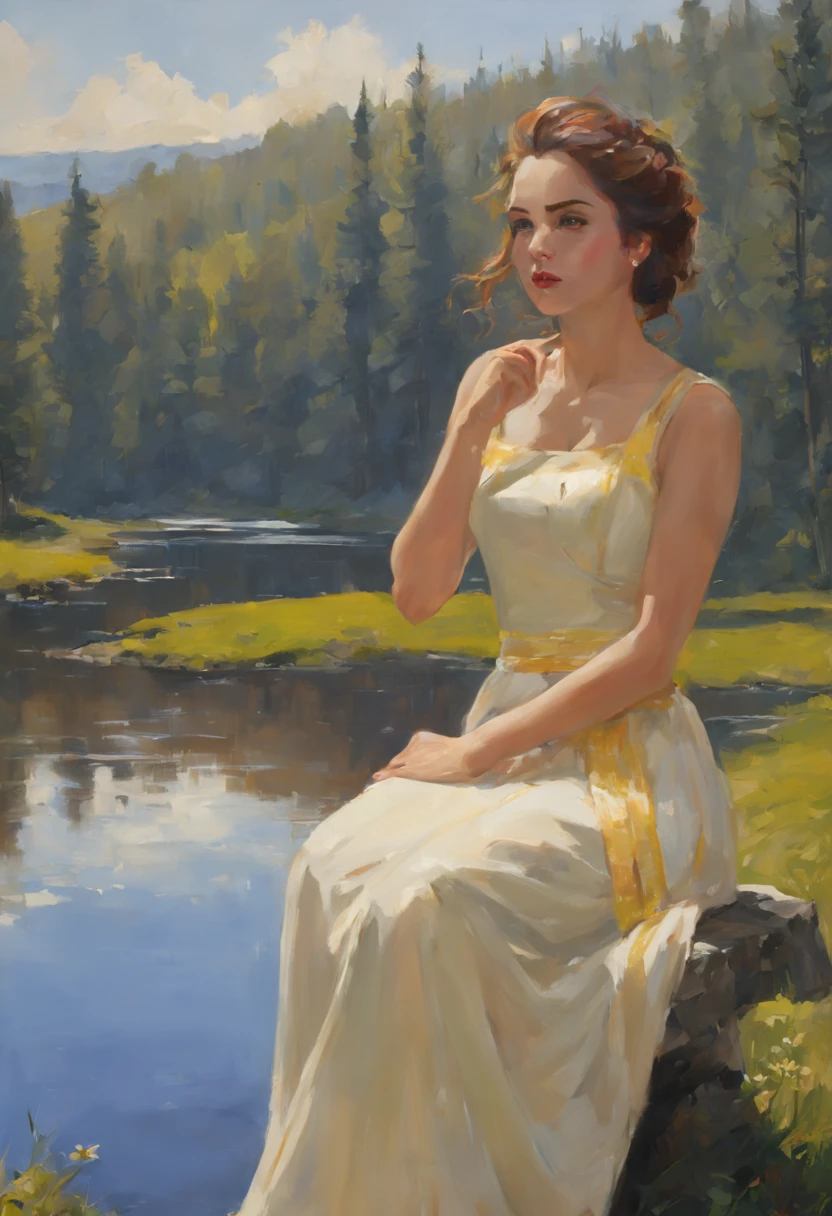 retrato feminino, Beautiful Nordic woman, longos cabelos loiros, olhos sorridentes, Looking at camera, boca sorridente, vestido vermelho decotado, acrylic painting, Pincelada arrojada e expressiva, estilo impressionista, Rosto detalhado, Epic surreal background, pinceladas muito pesadas com tinta texturizada grossa, Specialized lighting and shadows, alto contraste, pintura de arte, Wadim Kashin.