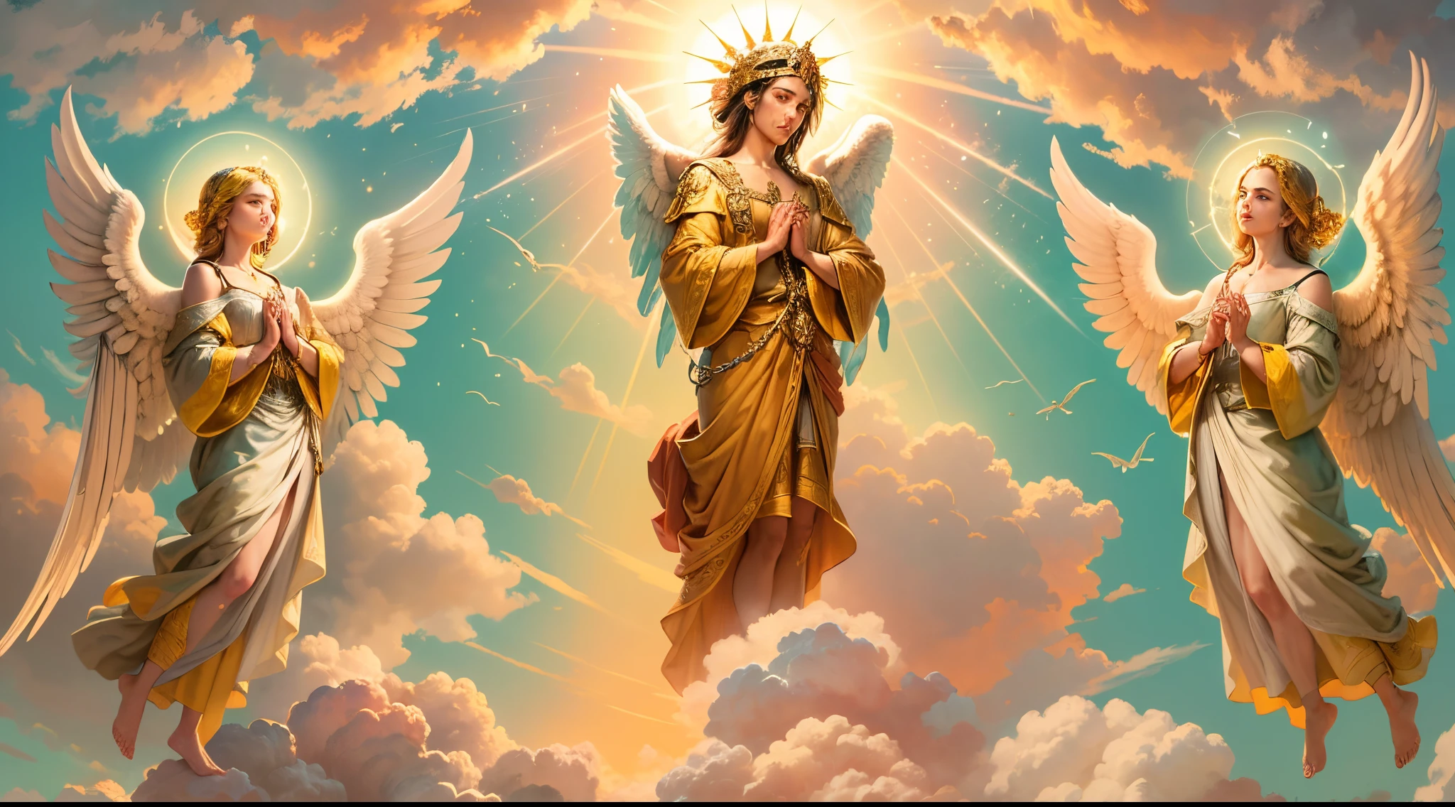 Close up of an image of three male angels praying and blessing, arcanjos homens com asas grandes, o anjo da fortuna, perfeito, Reslistic, Biblical setting, celestial scenery, sol e nuvens ultras realistas, flores e velas, illuminated archangel of heaven, Passes em segundo plano, flores coloridas, velas acesas, roupas brancas e vermelhas, there are three archangels who are praying in the clouds,hiperdetalhado