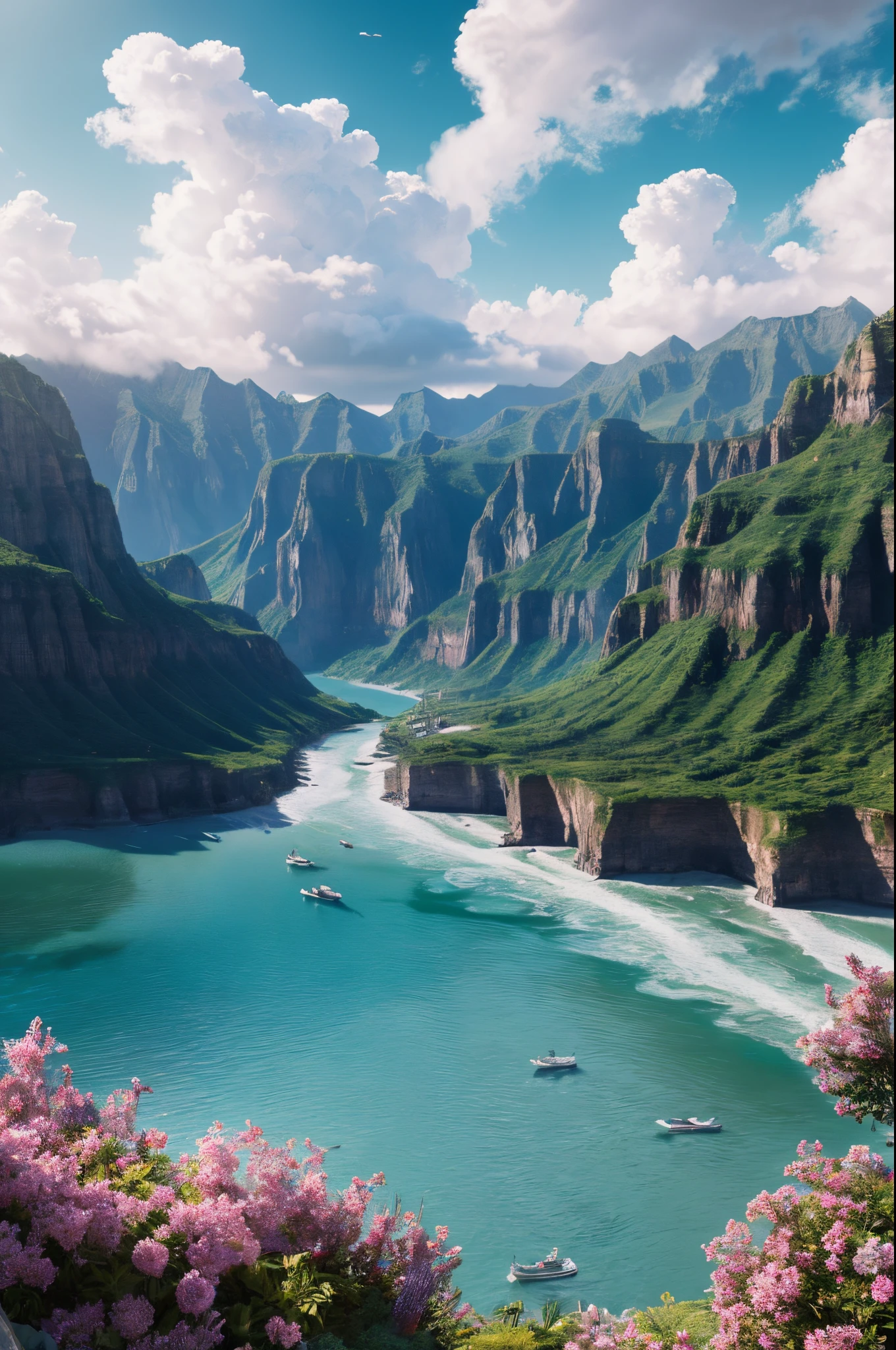 masutepiece, Best Quality, High quality, the Extremely Detailed CG Unity 8K Wallpapers, Scenery, Outdoors, skyporn, cloud, day, No humans, mont, landscape, Water, tree, Blue sky, Waterfall, cliff, Nature, lake, River, Cloudy sky,awardwinning photo, Bokeh, depth of fields, nffsw, bloom, chromatic abberation ,Photorealistic,Extremely detailed, Trending on ArtStation, Trending on CGSociety, Convoluted, high detailing, Dramatic, Art by Midjourney