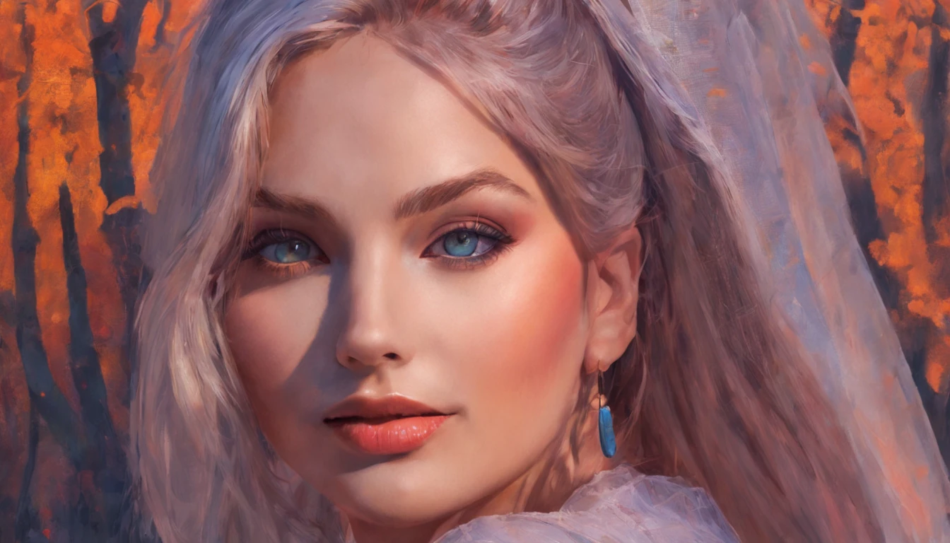 retrato feminino, Beautiful Nordic woman, longos cabelos loiros, olhos sorridentes, Looking at camera, boca sorridente, vestido vermelho decotado, acrylic painting, Pincelada arrojada e expressiva, estilo impressionista, Rosto detalhado, Epic surreal background, pinceladas muito pesadas com tinta texturizada grossa, Specialized lighting and shadows, alto contraste, pintura de arte, Wadim Kashin.