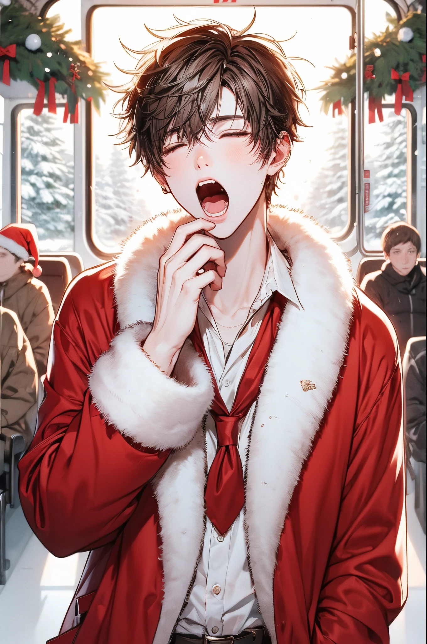 A high-quality Pixiv-style vertical illustration of a young handsome Santa in a lethargic morning commute scene, yawning. The detailed drawing captures him in a traditional red and white Santa outfit, with an expressive yawn that accentuates his drowsiness. The background reflects a cozy, wintry morning, portraying the essence of a modern young Santa, looking drowsy and charming amidst a picturesque winter setting.