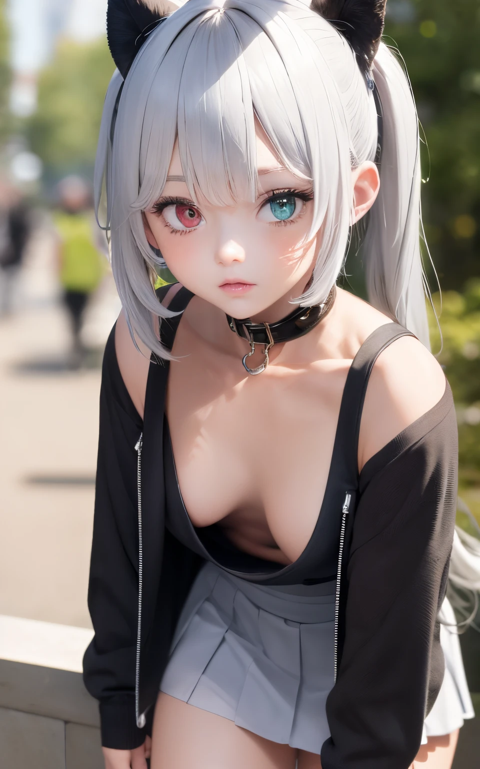Superb Quality, Masterpiece, High Resolution, Best Quality, UHD, Super Detail, Award-Awarded, 16k, (Upper Body), A Beautiful Maiden, Gray Hair, Hair, ((Heterochromia)), Hanging Corners, Fair Skin, (Small Breasts), (Slim Body), (Student Uniform Including Full-chested Jacket and Short Skirt)), (Collar), (Short gloves as short as half a palm)