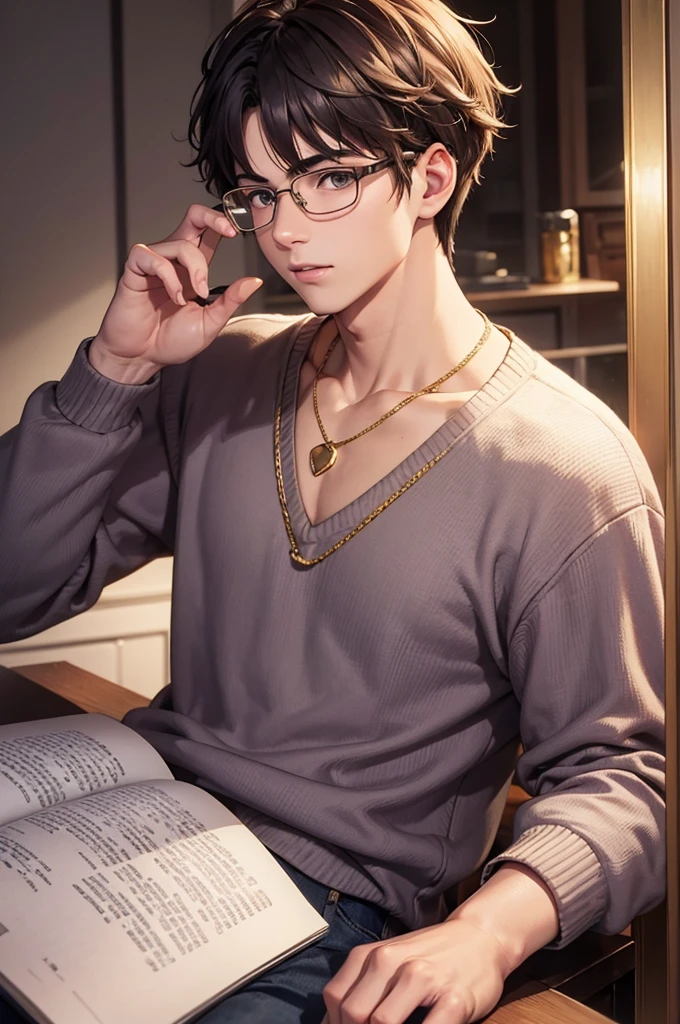 20-year-old male, Sweaters, chest muscle, Gold-framed glasses