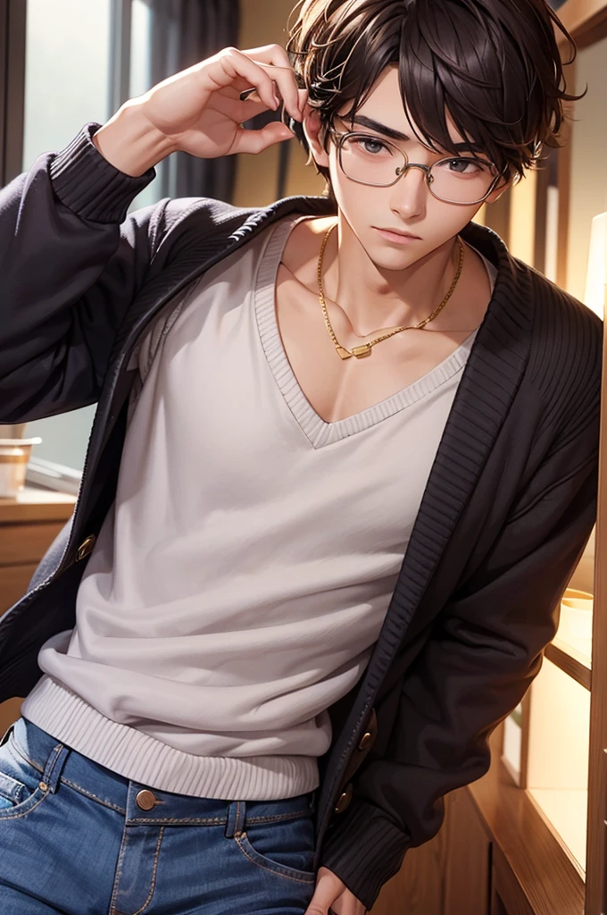 20-year-old male, Sweaters, chest muscle, Gold-framed glasses