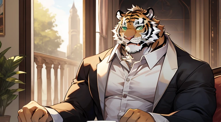 one tiger, The white, uncleature, male people, Green-eyed, elegant appearance, musculous, Half a body, confront, White casual shirt, Large and square glasses, hyper HD