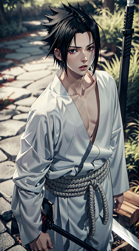 young man, pale skin, spiky black hair, black eyes, big lips, white clothes, Sasuke Uchiha, realistic, 3d, forest, sword