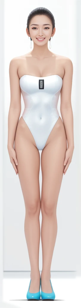 on the white background，a tall and beautiful chinese girl，with fair skin，Toothy smile，Hefty Smile，When you laugh, Your eyes are crescent-shaped，bluntbangs, hair straight，Wear a one-piece swimsuit and pumps，Swimsuits are decorated with joyful patterns, standing straight，stand firm，hands on sides，Symmetrical distribution，Ray traching，All shaded areas, led floodlights, forward light, 1.4x True-to-life Ultra HD