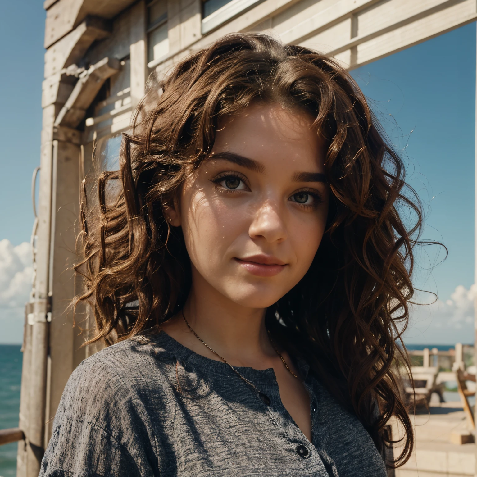 Me in the style of a very beautiful Pixar girl with curly hair blowing in the wind and feeling powerful.
