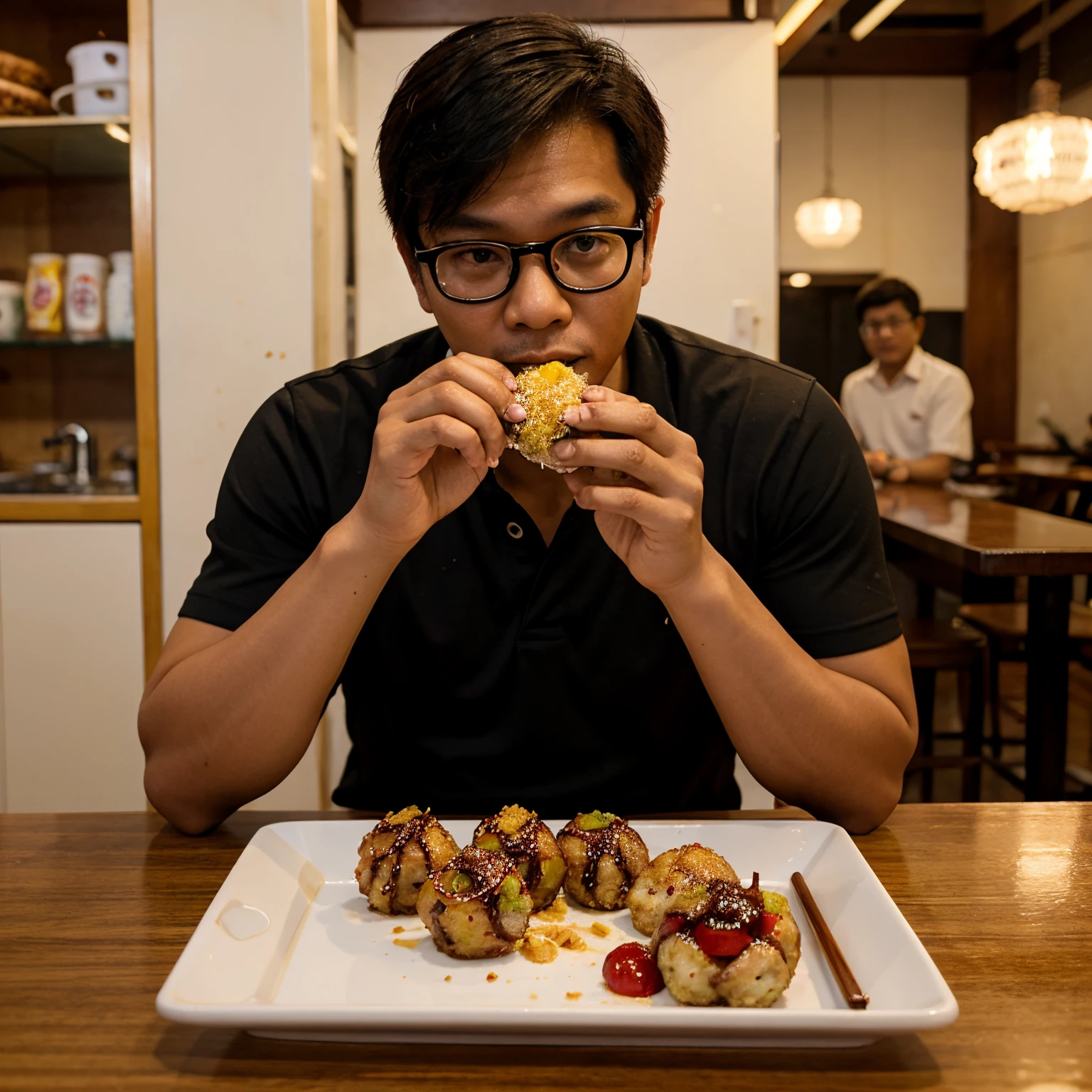Malaysian man wearing spectacles eating takoyaki