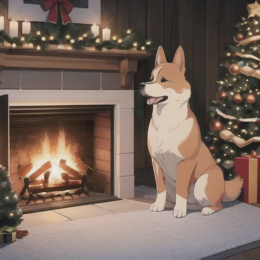 A unique and creative rendering of a Corgi in a Christmas setting, with a cozy fireplace and a variety of holiday decorations, capturing the essence of the holiday season style of Neal Adams