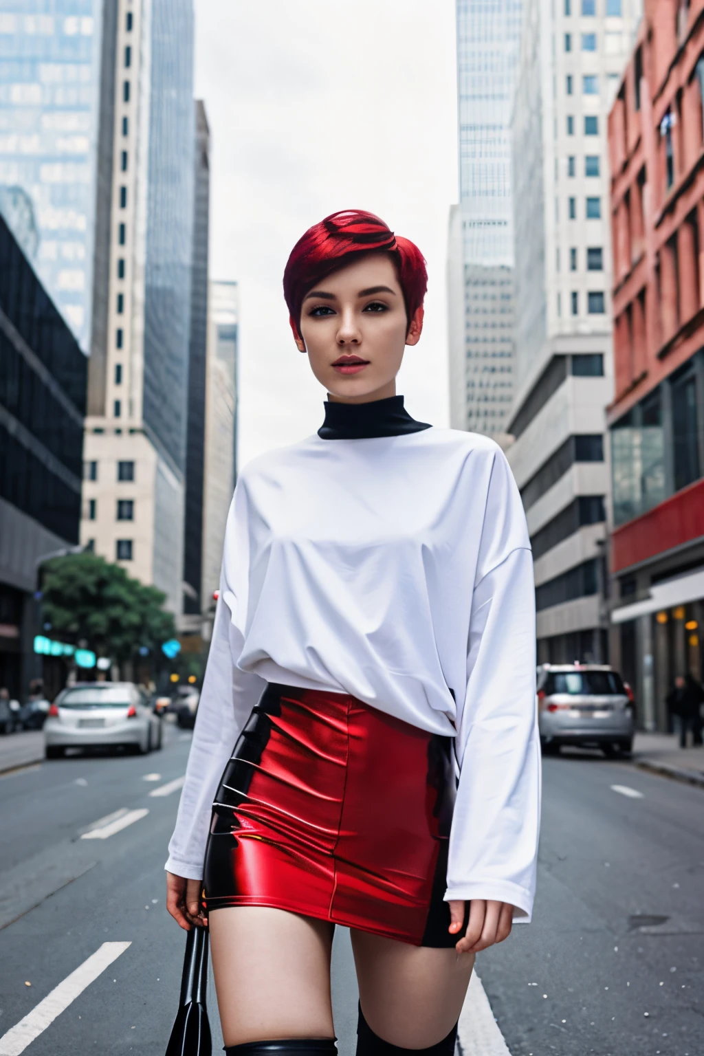 One woman, cyberpunk, short hair, red eyes, white hair, masterpiece, best quality, on a street, huge buildings, futuristic outfit, Jil Valetine, realistic, perfect face