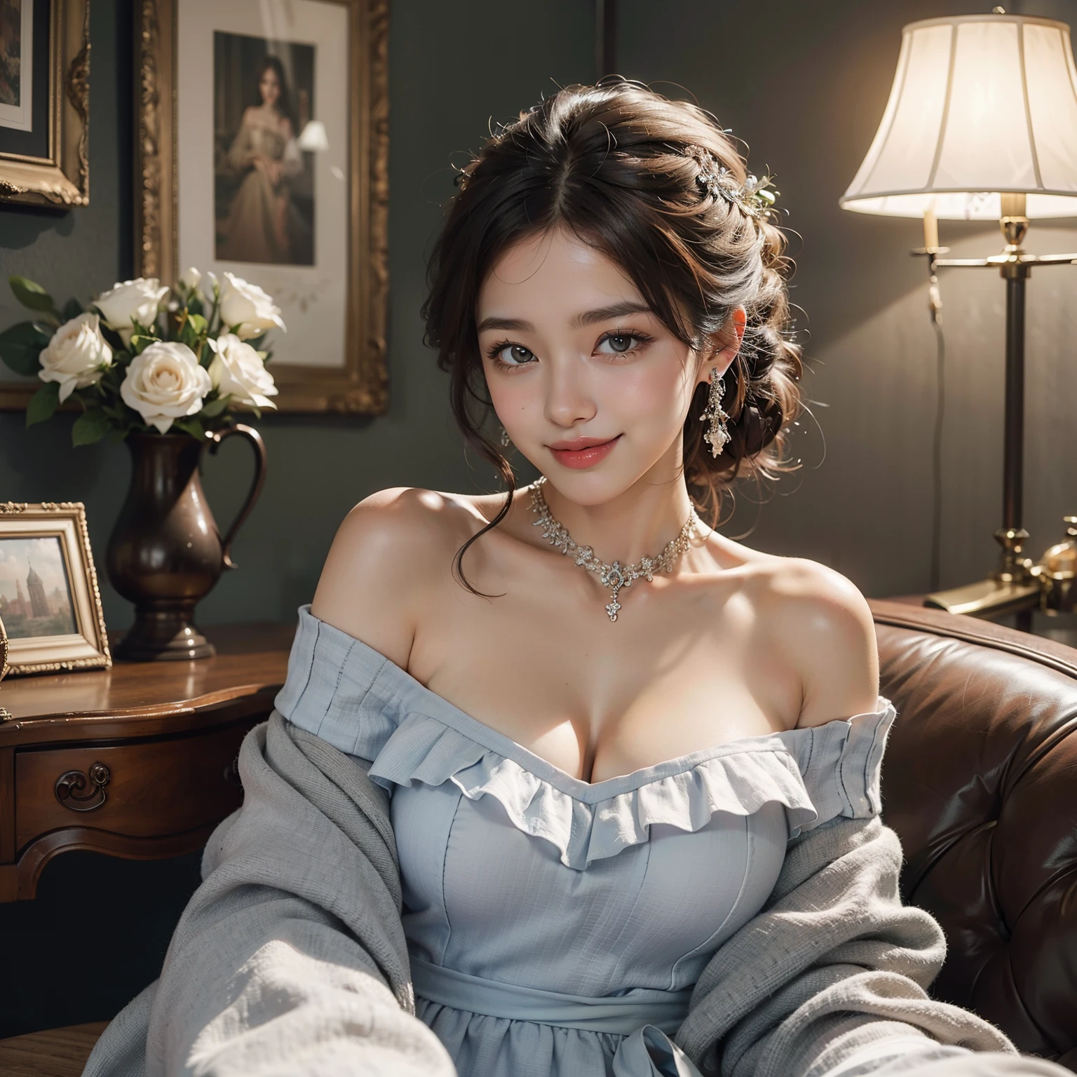 best quality, masterpiece, ultra high res, photorealistic, 1girl, offshoulder, smile, dress