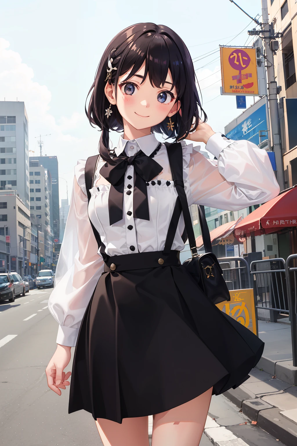 1girl in、A smile、A delightful、skirt by the、(small tits)Chilarism、doress、pinafore,,,,,,、Madevement hair ornament、