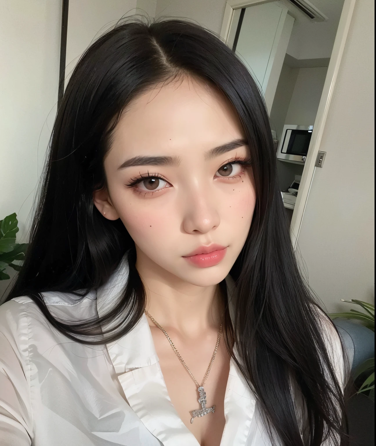 Un primer plano de una mujer con el pelo largo y negro que lleva una camisa blanca, cruel korean goth girl, Chica coreana, Hermosa mujer surcoreana, dilraba dilmurat, ulzzang, Hermosa joven coreana, Labios claros y de alta calidad, beautiful asian girl, Hermosa joven coreana, Beautiful aesthetic face, maquillaje popular de Corea del Sur, maquillaje coreano popular, Xision Wu