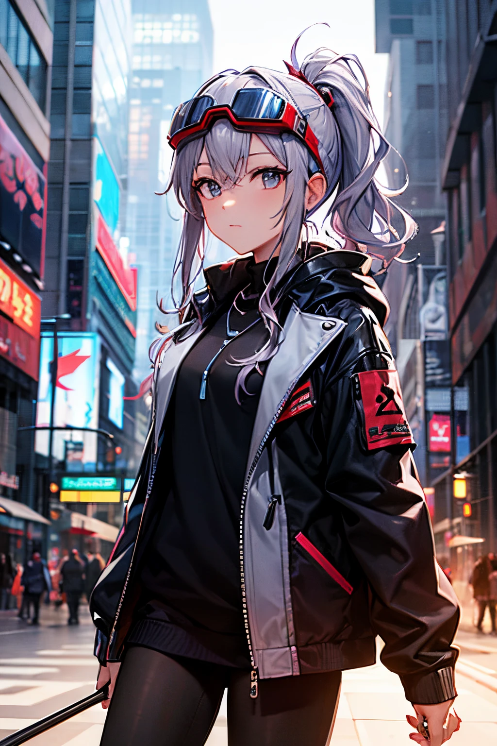 Master Parts, Better image quality, extreme vitality, Anime girl with curly ponytail, Small figure, white functional jacket, Has a small, blue-purple gradient ski goggles, Cyberpunk, white hair, Natural casual style, dynamic stun...