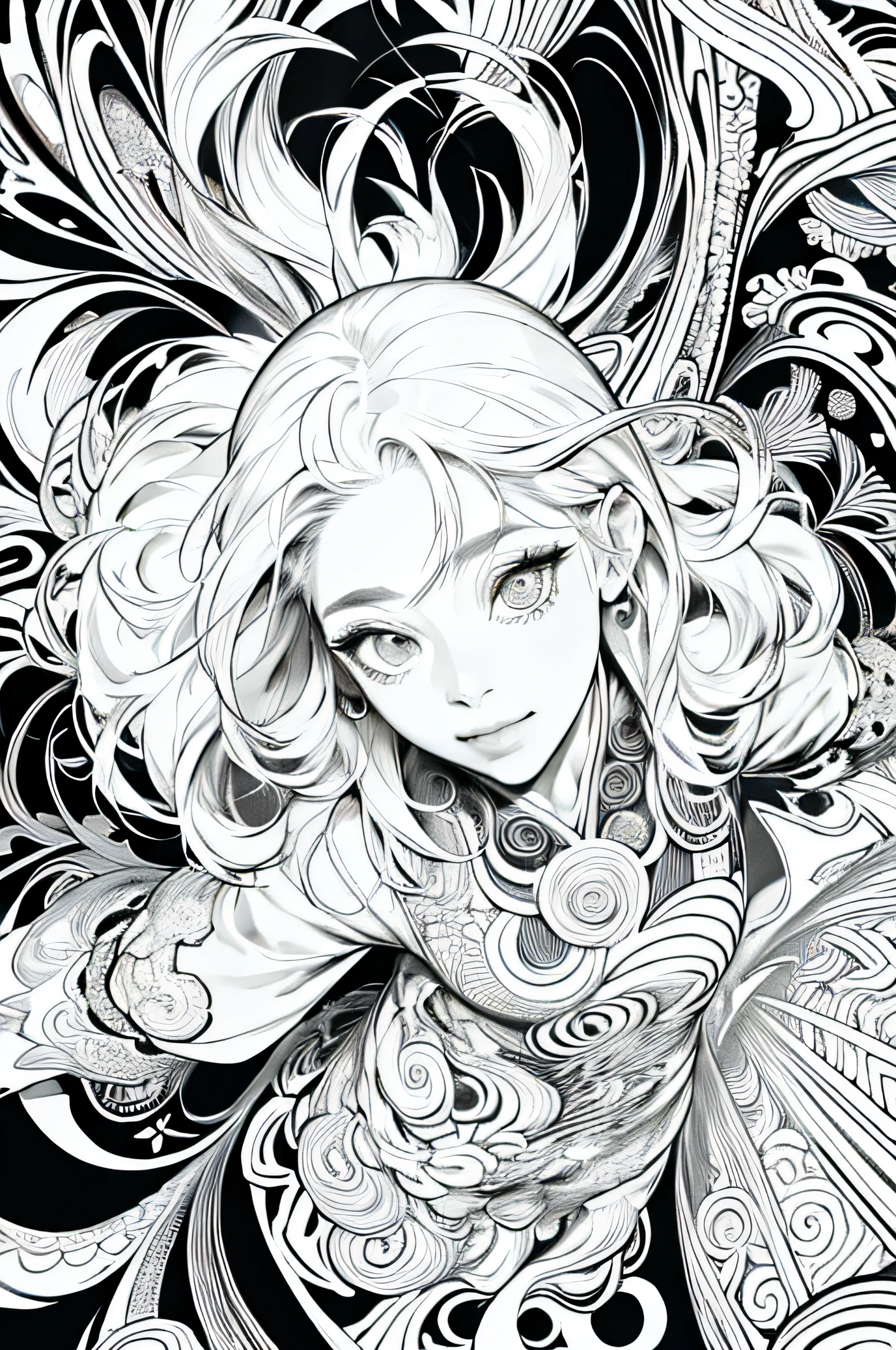 absurderes, Hi-Res, The ultra-detailliert, 1girl in, 独奏, Super Detail Eyes, Ultra-precise depiction, Hyper-detailed depiction, (Zentangle:1.2), (dynamicposes), (Abstract background:1.5), (Parliamentary Dresses:1.2), short platinum blonde, (Glossy skin), multi colored, The upper part of the body, (From  above),linear art, monochromes,