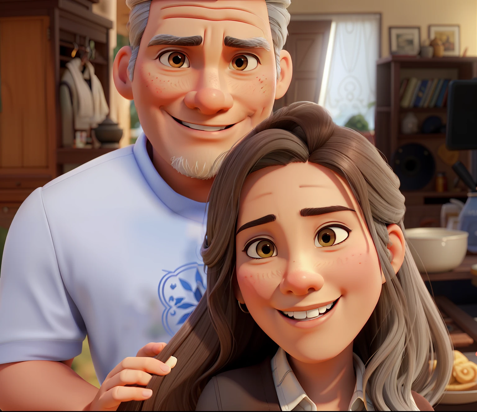 Filipino Asian woman brown hair and white man with grey hair posing for a photo, Laugh, Happy, Long hair, Straight hair, finely detailed skin, During the day, A hot summer day, Nature lighting, detailed face:1.2, sharp focus, Hasselblad photography, masterpiece, Light makeup, cinematic lighting, 4k, best quality Disney Pixar poster 3d Animation