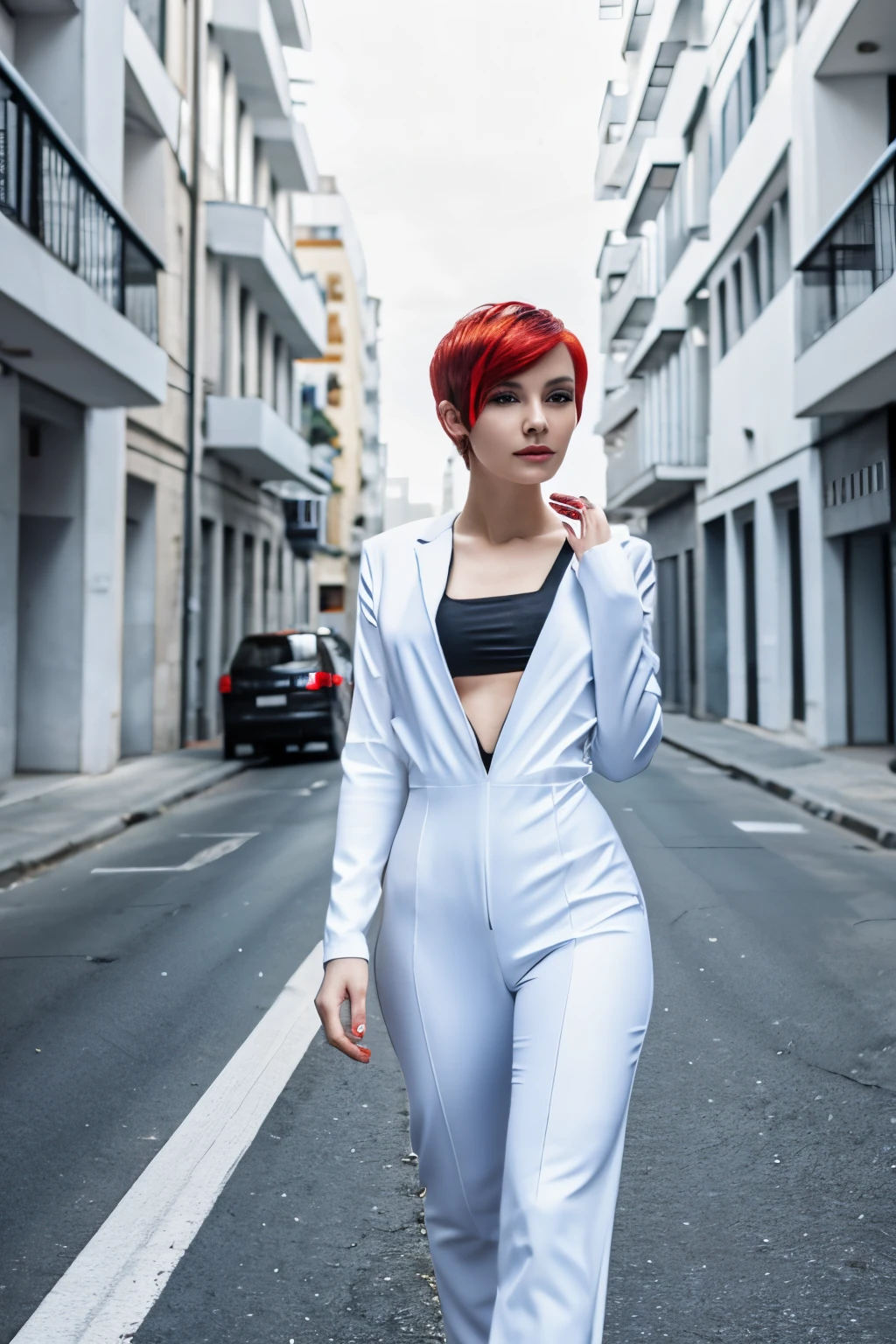 One woman, cyberpunk, short hair, red eyes, white hair, masterpiece, best quality, on a street, huge buildings, futuristic outfit, Jil Valetine, realistic, perfect face