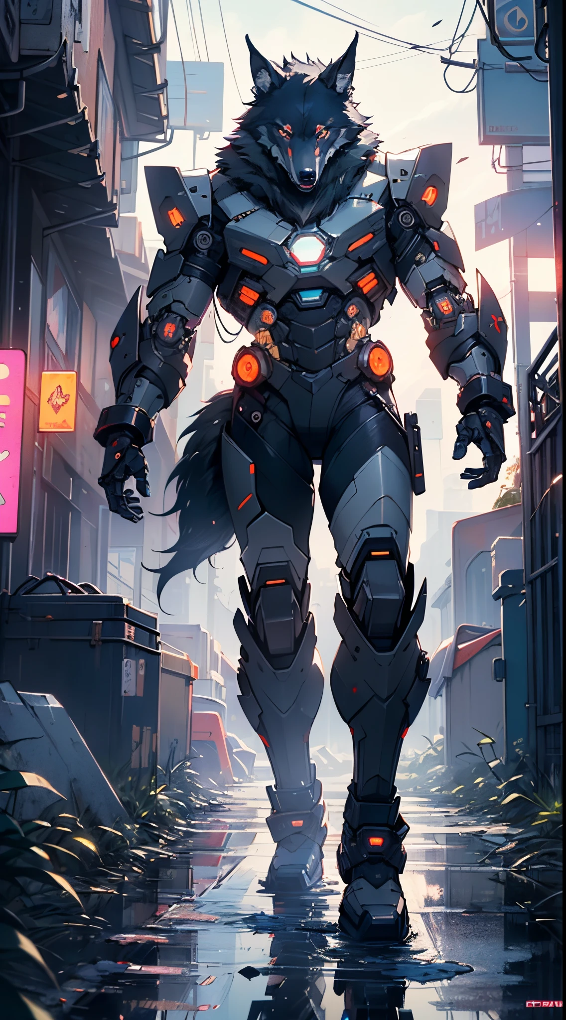 (((A mechanical wolf,cyborg wolf,cyborg-wolf,animal,wolf robot))),no human,detailed wolf,intricate mechanic wolf,robot animal,
epic, highly detailed full body of a gigantic feral mecha canine, sharp metal claws, cannon mounted on back, sleek armor, glowing visor, furry art, zoids art, furaffinity, sofurry,
(dynamic pose:1.0),solo focus,(centered,scale to fit dimensions,Rule of thirds),
cyberpunk city by the ocean at night, with bright neon signs and dark stormy clouds and puddles, scenery:1.25,nighttime, starry night, cosmos,Very dark night that makes the neon lights stand out, very bright neon lights,nighttime, starry night, cosmos,
highres, sharp focus, (ultra detailed, extremely detailed), (photorealistic artwork:1.37),(extremely detailed CG unity 8k wallpaper),((synthwave background theme)),(((vibrant colors))),(intricate background),(masterpiece),(best quality),