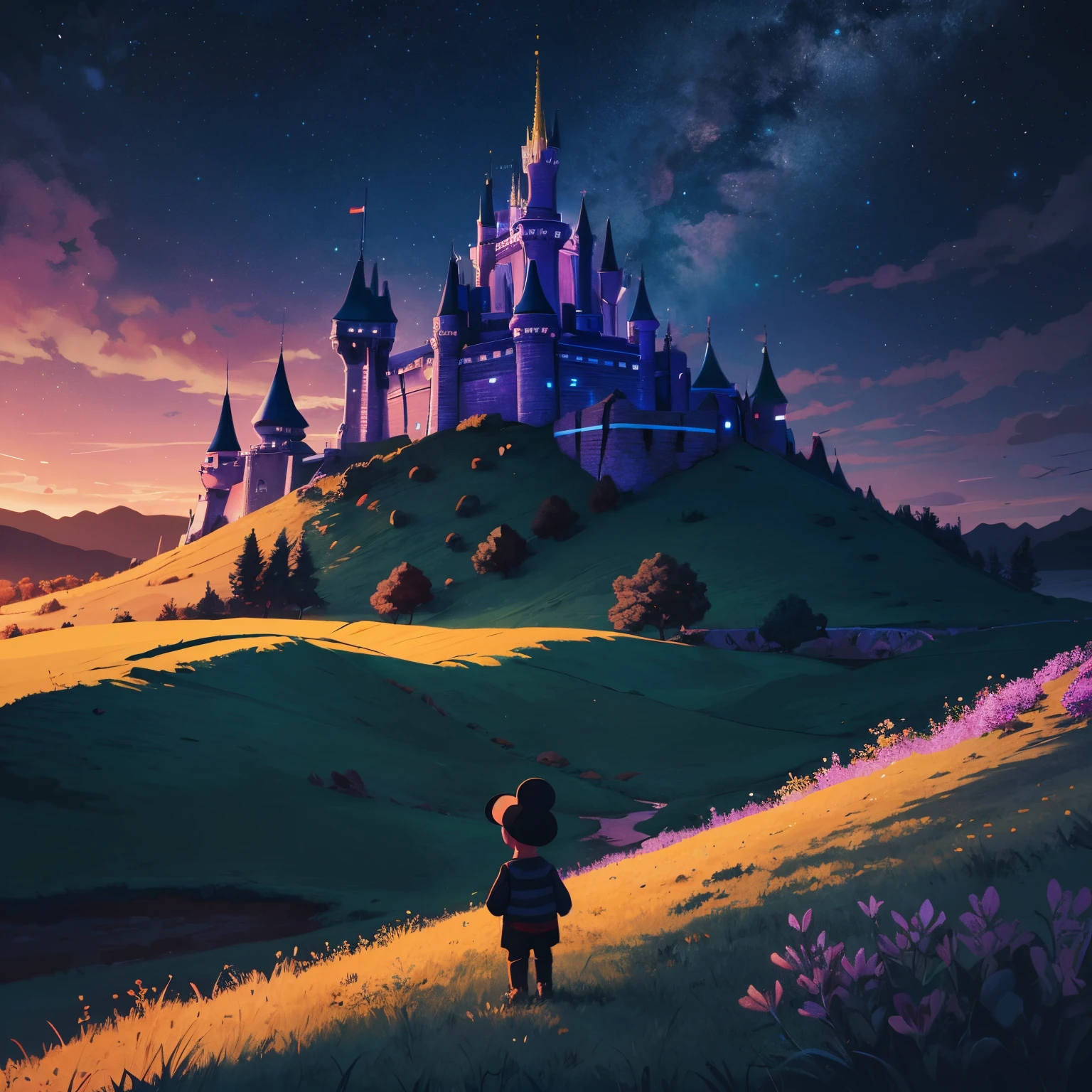 a small child, standing, hill, field, evening, dark night, purple tones, vector style, minimalist, fantasy style, animation style, disney style, hd, high resolution