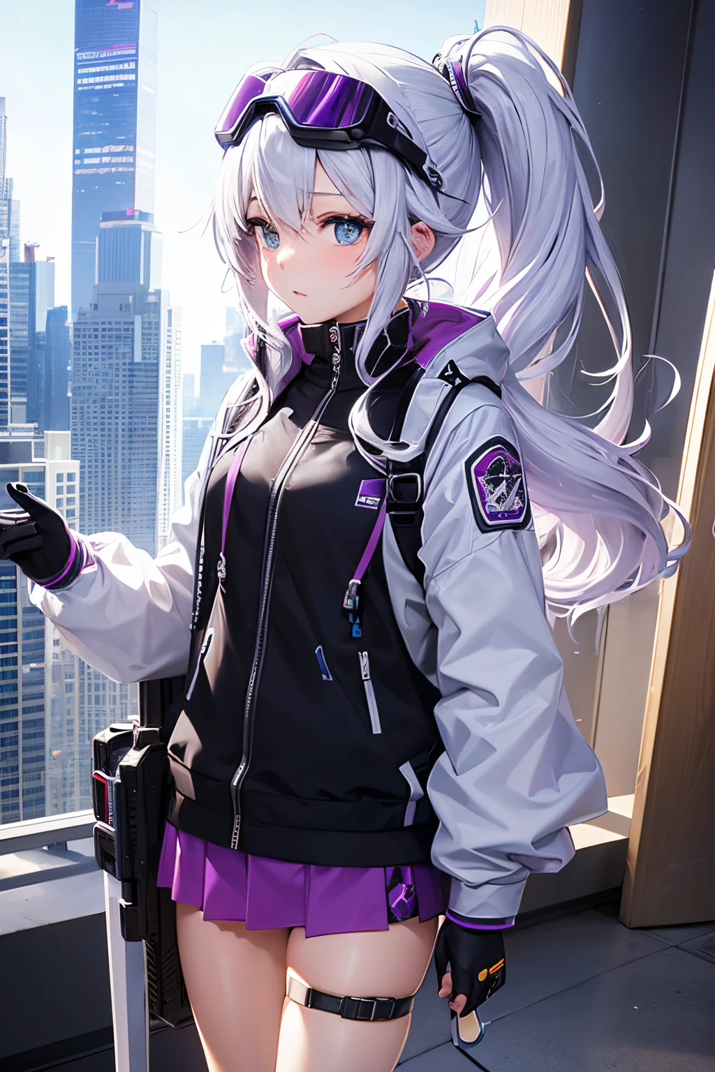 Master Parts, Better image quality, extreme vitality, Anime girl with curly ponytail, Small figure, white functional jacket, Has a small, blue-purple gradient ski goggles, Cyberpunk, white  hair, Natural casual style, dynamic stun...