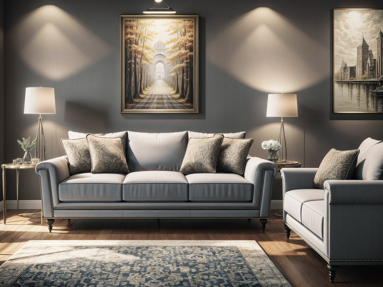 ((best quality)), ((masterpiece)), ((realistic)), (detailed), (photorealistic:1.5); Modern living room; Highly detailed; Higher resolution textures; wall panels; Detailed sofa; Floor lamp with perfect detailing; 3000 Kelvin Lighting, Painting on wall, highly detailed painting; masterpiece painting; wide angle fov, night time render; perfectly detailed table lamp; perfectly detailed Modern side table; highly detailed sofa fabric; perfect detailing on sofa; Perfect stitching, Perfectly detailed modern chandelier; detailed cushions; detailed stitching on sofa; Highly detailed furniture ;4K render; Photorealistic; Masterpiece