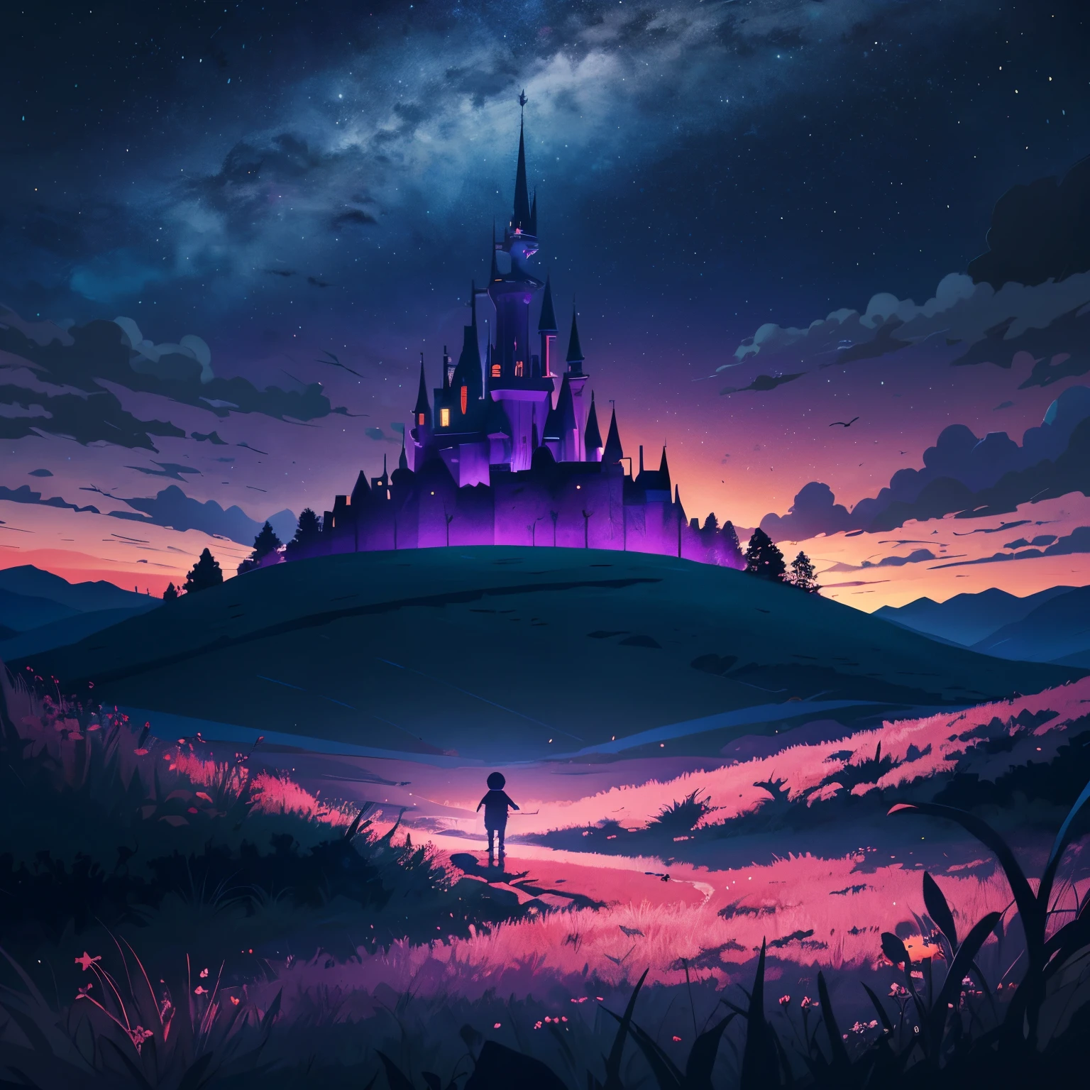 a , standing, hill, field, evening, dark night, purple tones, vector style, minimalist, fantasy style, animation style, disney style, hd, high resolution