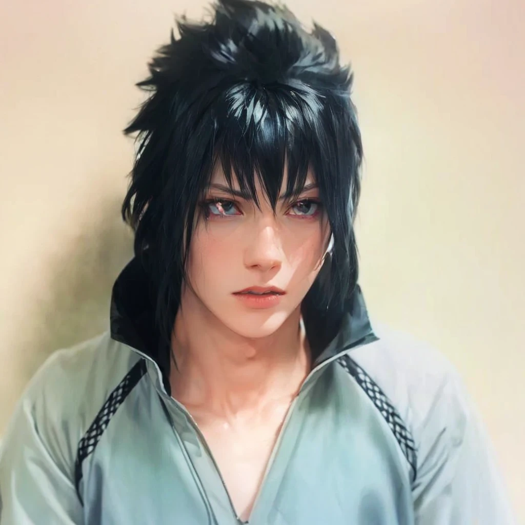 young man, pale skin, spiky black hair, black eyes, big lips, white clothes, Sasuke Uchiha, realistic, 3d, forest, sword