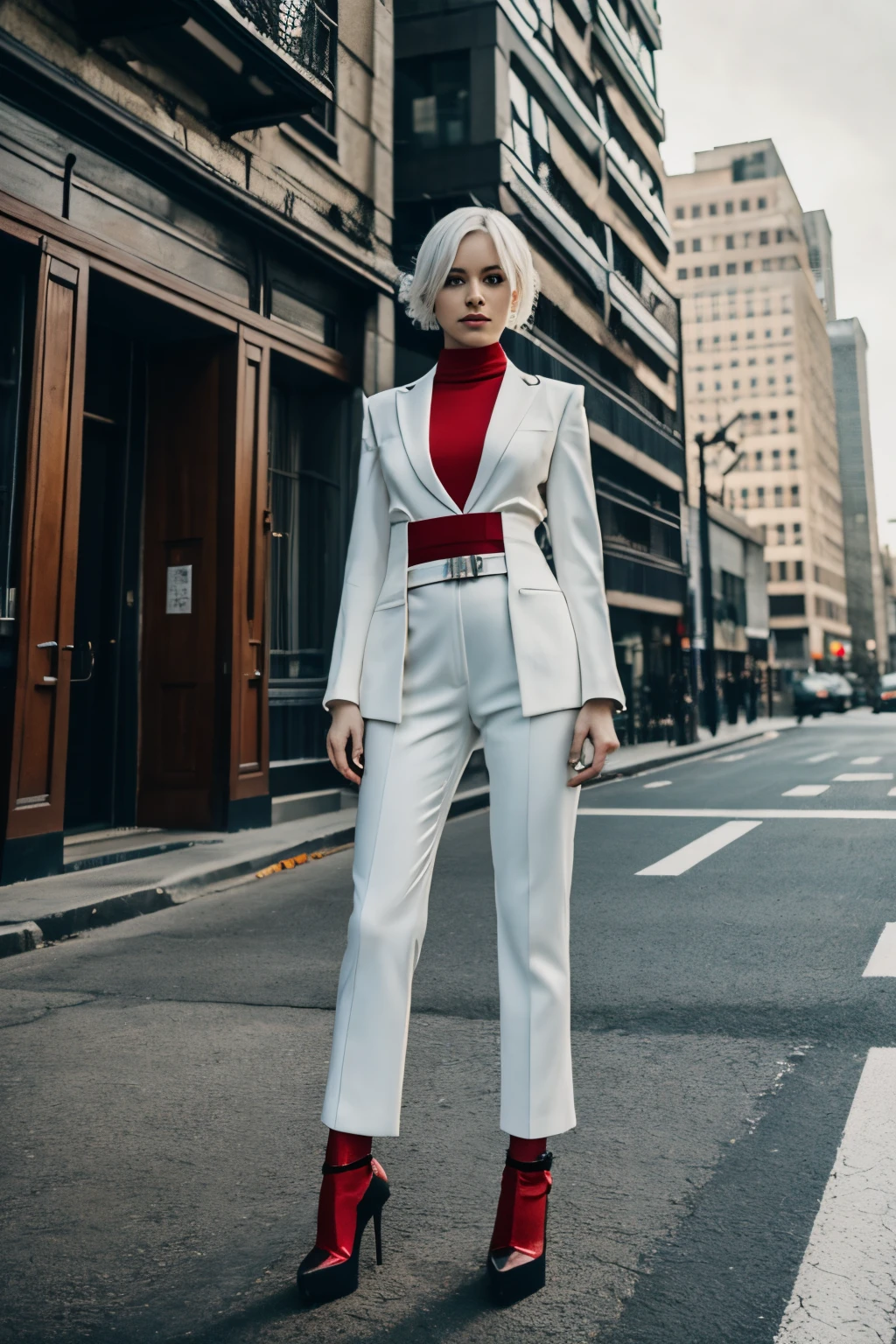 One woman, cyberpunk, short hair, red eyes, white hair, masterpiece, best quality, on a street, huge buildings, futuristic outfit, Jil Valetine, realistic, perfect face