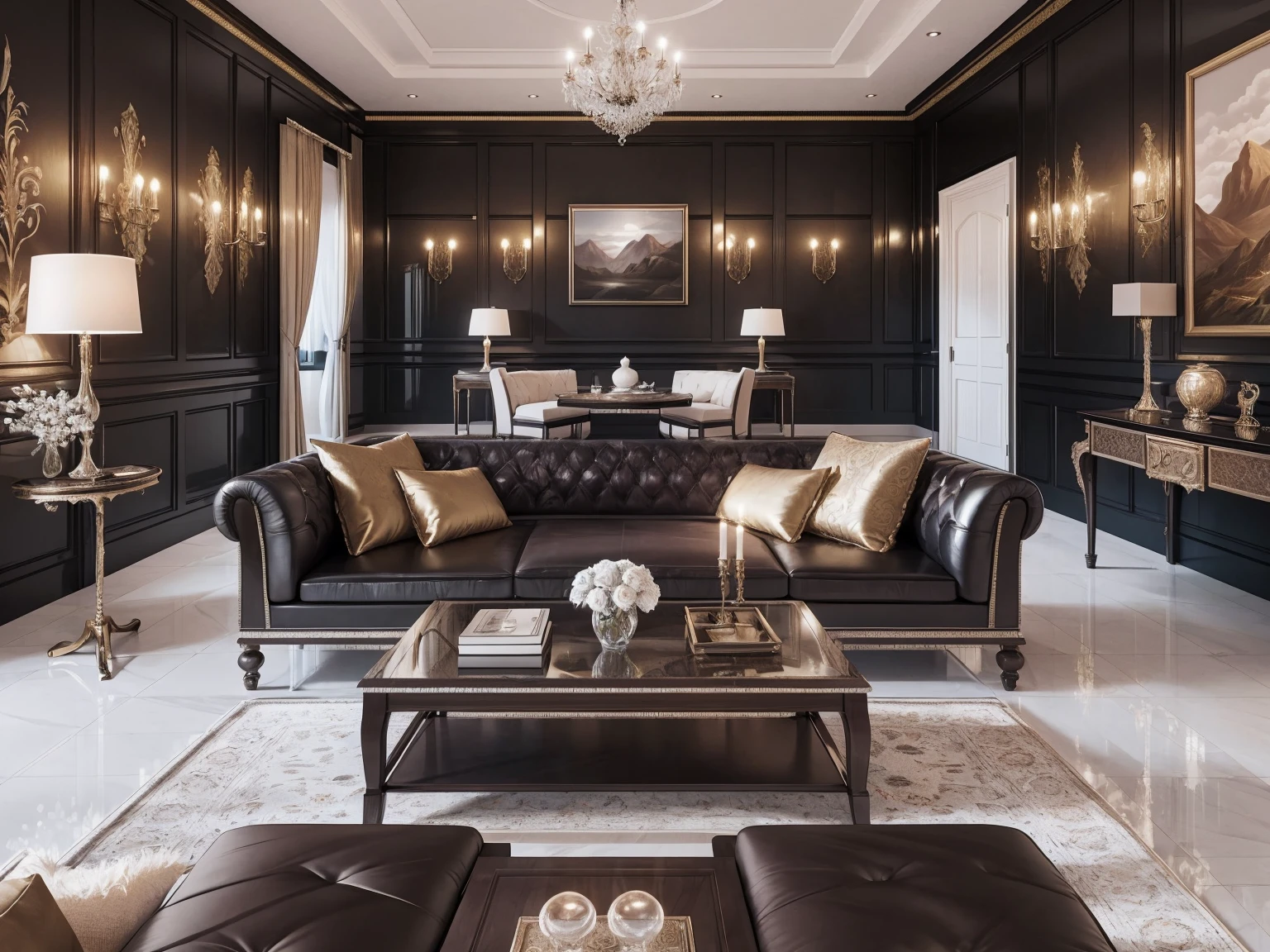 living room; Highly detailed; Higher resolution textures; wall panels; Malaysian TEAK wood; Chesterfield sofa; Two floor lamps on either side of sofa; Detailed sofa; Floor lamp with perfect detailing; 3000 Kelvin Lighting, Painting on wall, painting of mountains; highly detailed painting; masterpiece painting; wide angle fov, night time render; perfectly detailed table lamp; perfectly detailed side table; highly detailed sofa fabric; perfect detailing on sofa; Perfect stitching, Perfectly detailed chandelier with detailed crystals; detailed fireplace; detailed cushions; detailed stitching on sofa; Highly detailed furniture ;4K render