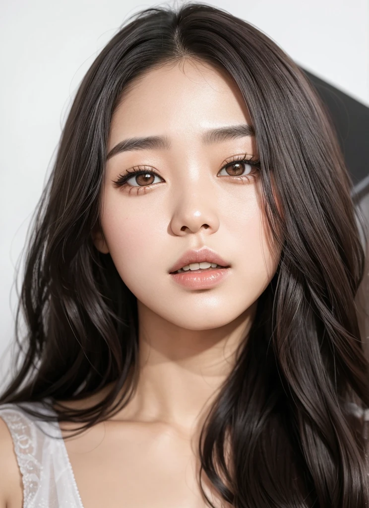 un primer plano de una mujer con cabello largo y una blusa gris, maquillaje coreano popular, maquillaje popular de Corea del Sur, Hermosa mujer surcoreana, Hermosa joven coreana, Hermosa joven coreana, Rasgos de la cara coreana, Joven y adorable rostro coreano, asian beautiful face, Chica coreana, Korean symmetrical face, Linda actriz coreana, Wan adorable cara coreana, Mujer coreana, hwang se - on