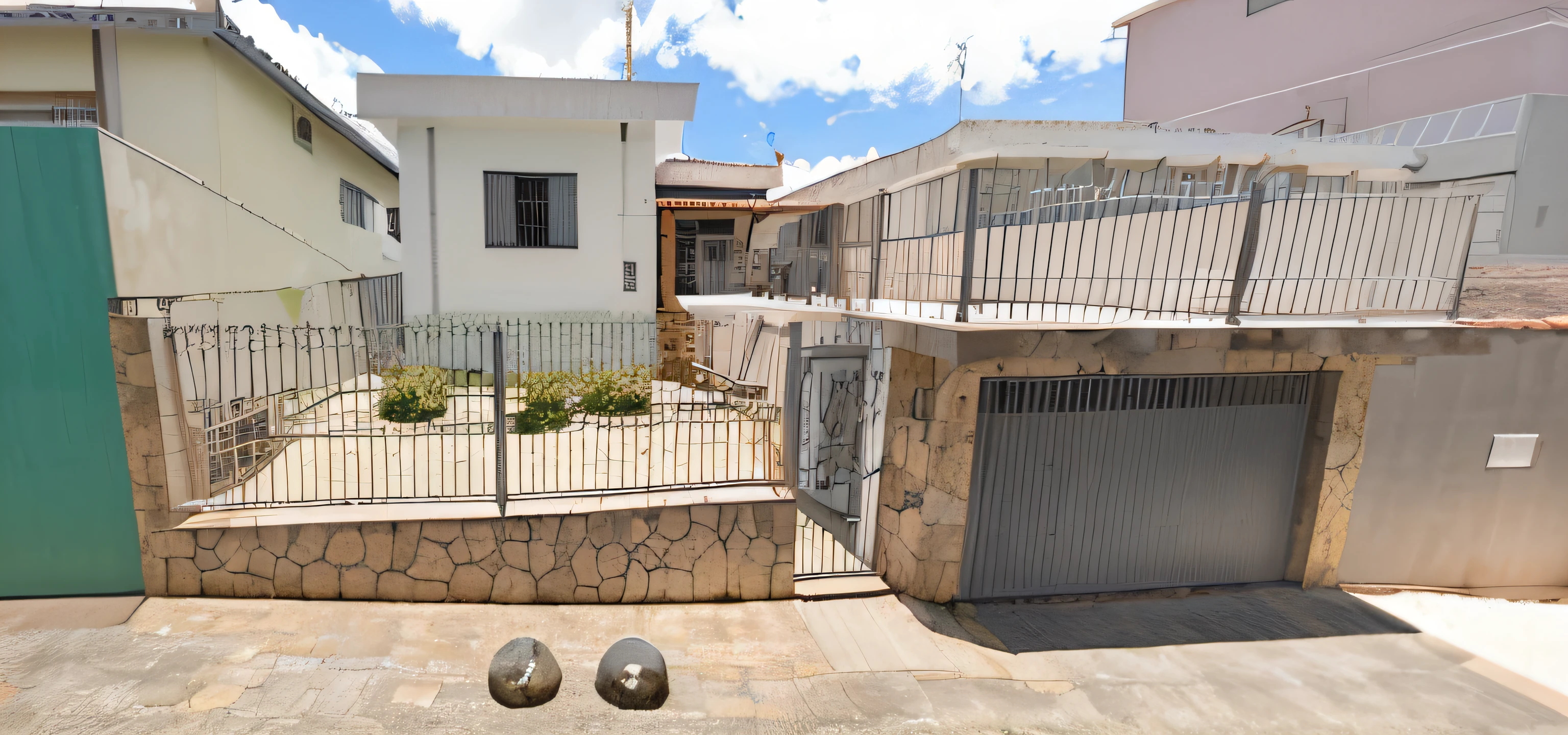casa com detalhes em pedra e grades de metal em estilo anime