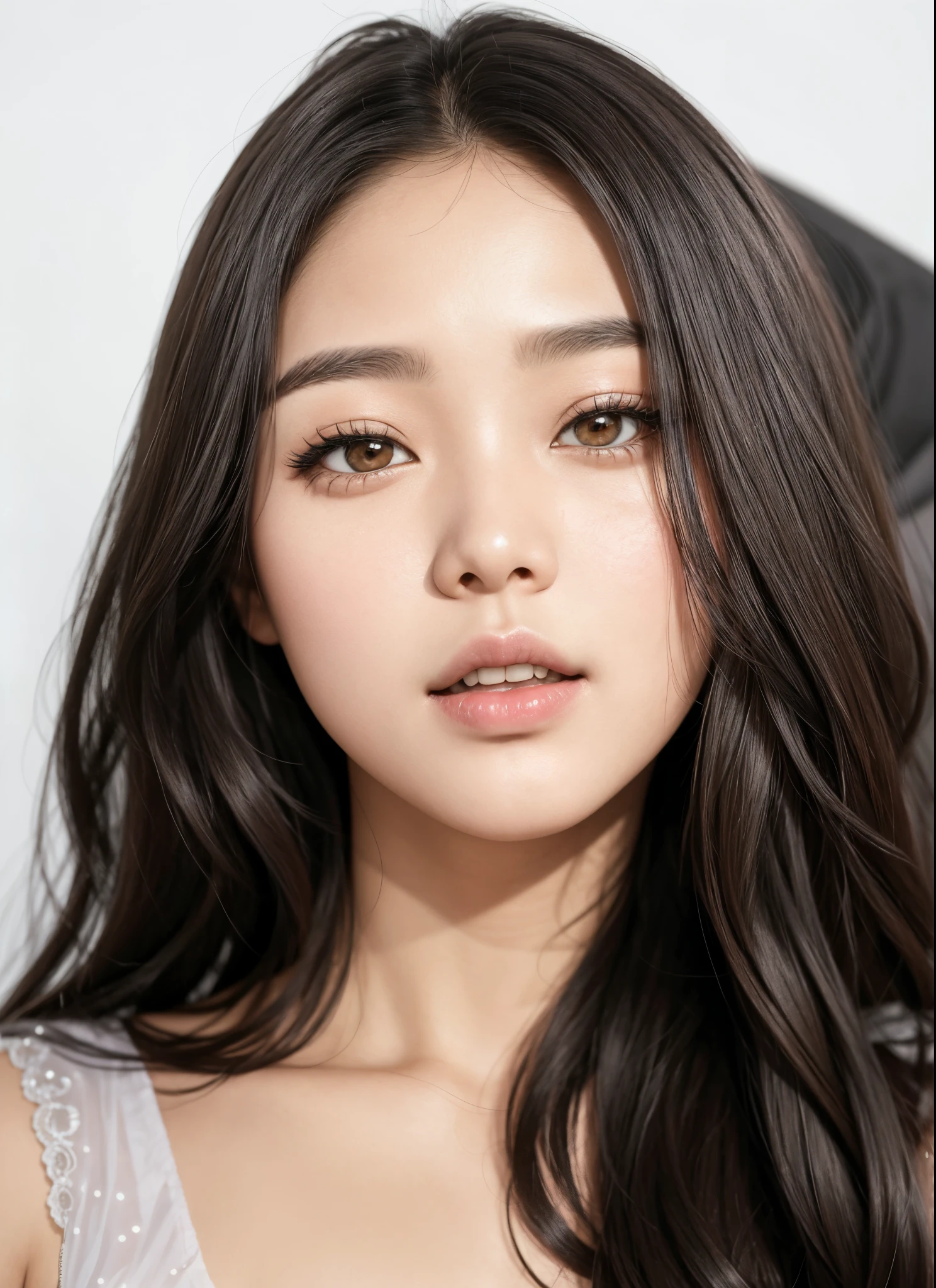 un primer plano de una mujer con cabello largo y una blusa gris, maquillaje coreano popular, maquillaje popular de Corea del Sur, Hermosa mujer surcoreana, Hermosa joven coreana, Hermosa joven coreana, Rasgos de la cara coreana, Joven y adorable rostro coreano, asian beautiful face, Chica coreana, Korean symmetrical face, Linda actriz coreana, Wan adorable cara coreana, Mujer coreana, hwang se - on