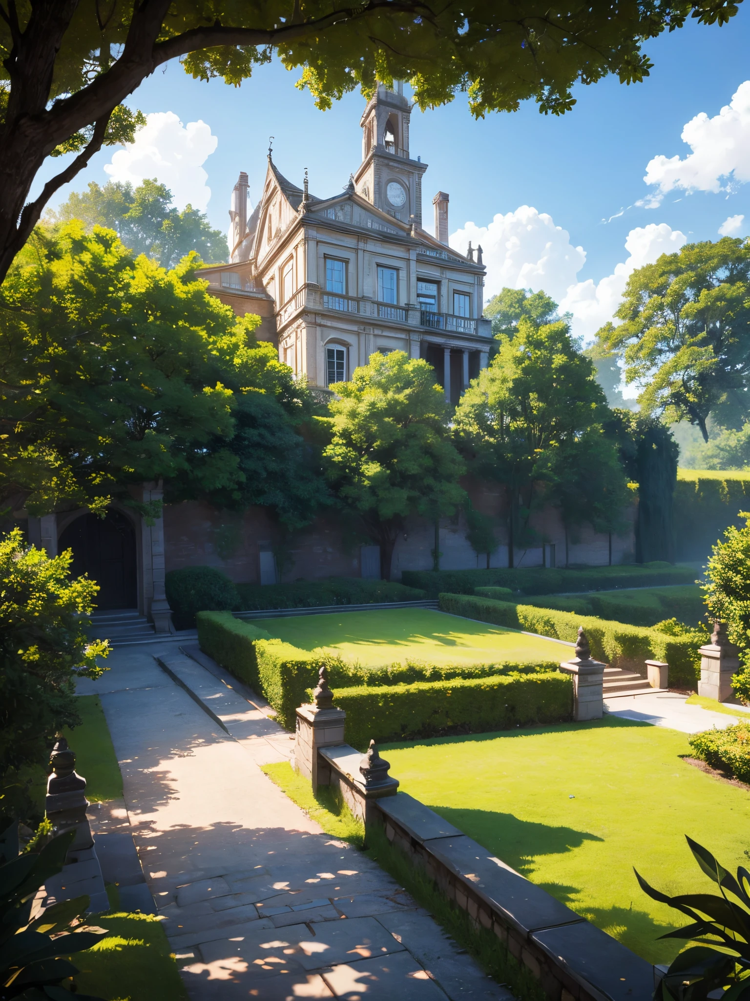 (foto-realismo), (best quality, master part, cheio de detalhes), Mansion with two towers, lots of trees, jardim colorido, vasos de flores, old mansion, caminho de pedra branca, Grama Verde, blue skies, luz solar, Brown brick mansion, Ultra HD |