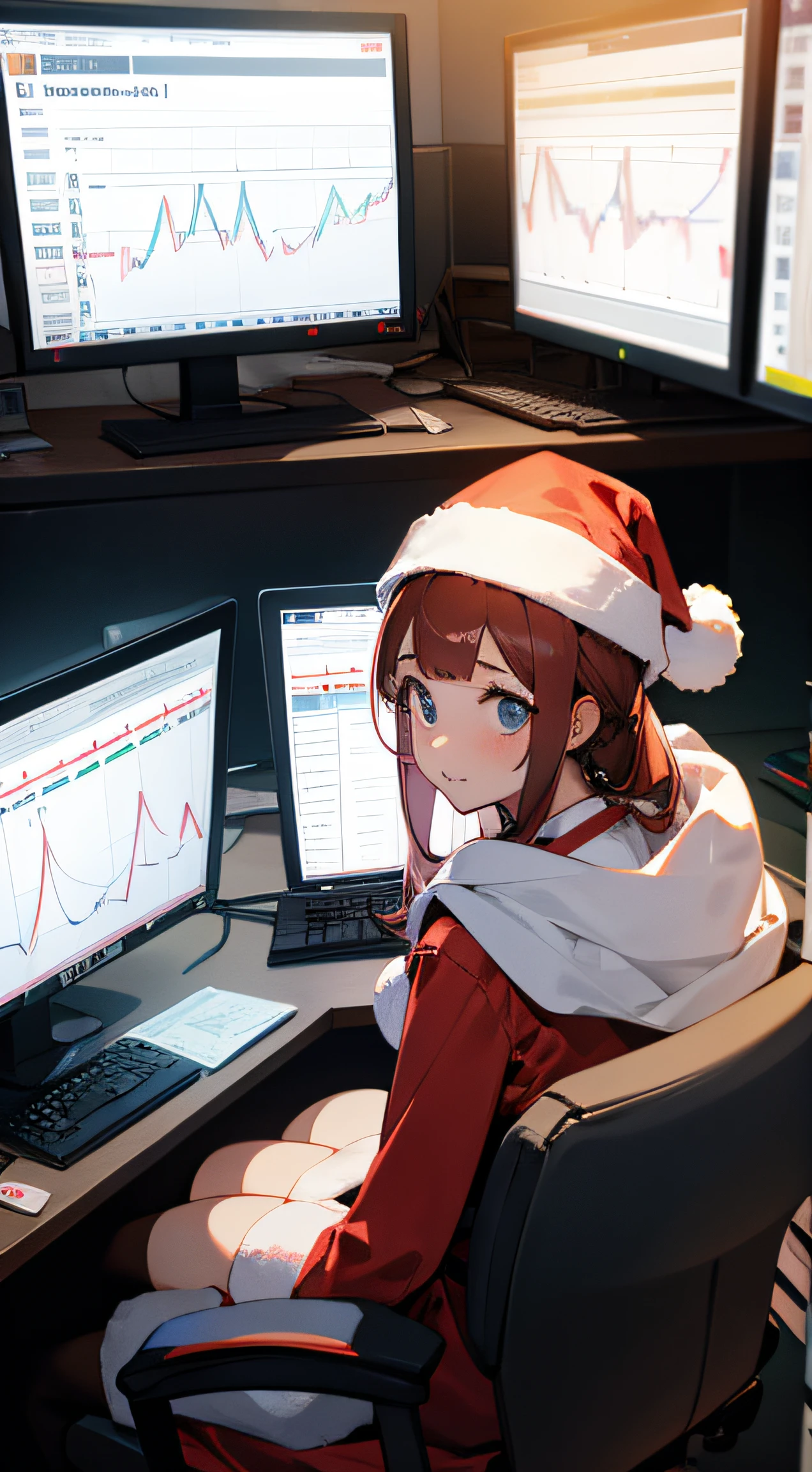 pov of a girl wearing a Santa outfit at her desk with multiplied monitors full of stock charts