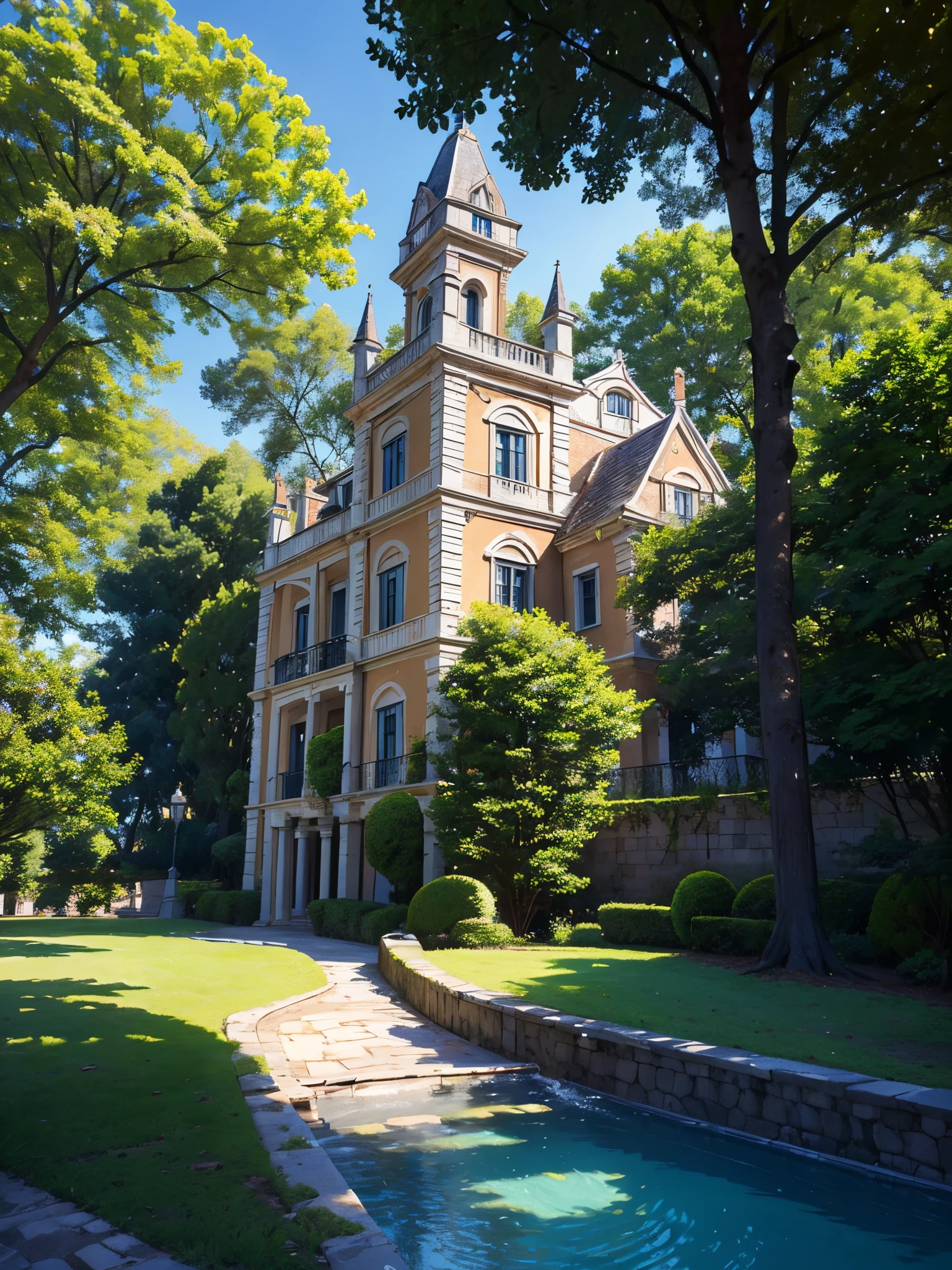 (foto-realismo), (best quality, master part, cheio de detalhes), Mansion with two towers, lots of trees, jardim colorido, vasos de flores, old mansion, caminho de pedra branca, Grama Verde, blue skies, luz solar, Brown brick mansion, Ultra HD | 8k