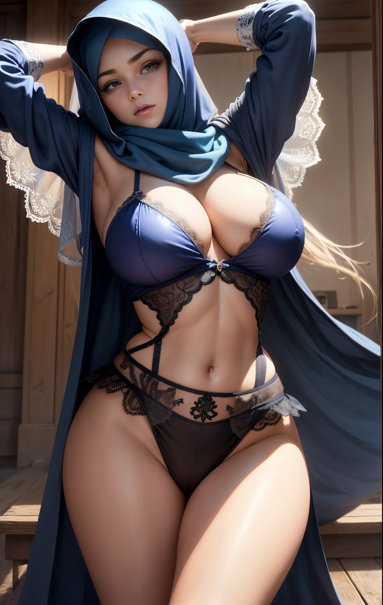 Best quality, Art officiel, weqring hijab, veil, high detail CG unified 8K wallpaper, huge file size, Very detailed, High resolution, Very detailed, beautiful detailed girl, very detailed eyes and face, beautiful detailed  eyes, light on the face, movie lighting, 2fillerom below: 1.erspective: 1.2), Regarder le public, corps entier, Photo du corps entier, Tresses, Une fille portant un foulard en soie transparent, , , very huge breasts, jambes ouvertes, excitation sexuelle, gender expression;, Blowing Tide, course vaginale, baveux, maigre, talons hauts, dehors, Largeur des hanches, thick thighs, Toit, Soir, neon lights behind, assis sur le lit, jambes ouvertes, Arms raised above the head in a seductive pose,
