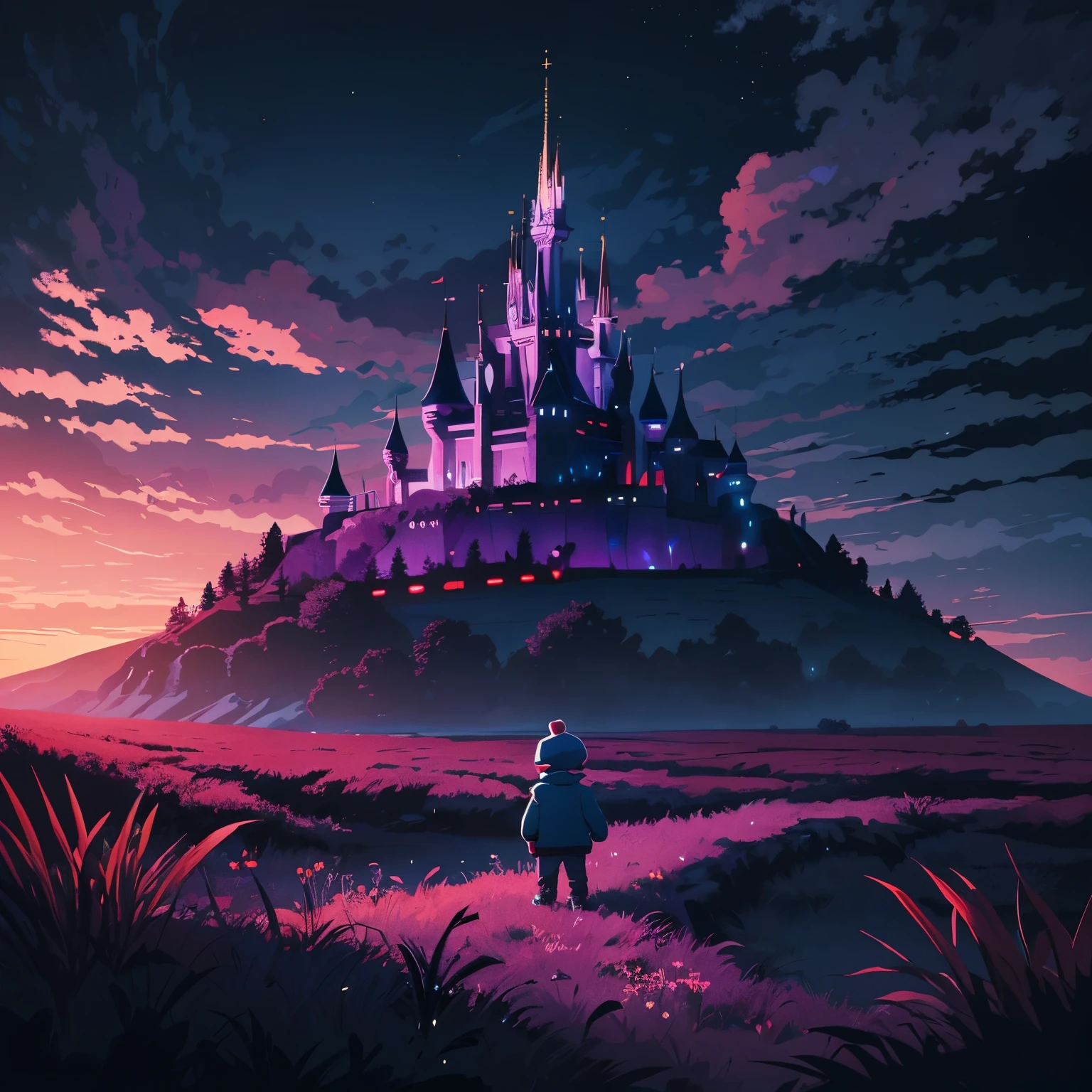 a , standing, hill, field, evening, dark night, purple tones, vector style, minimalist, fantasy style, animation style, disney style, hd, high resolution