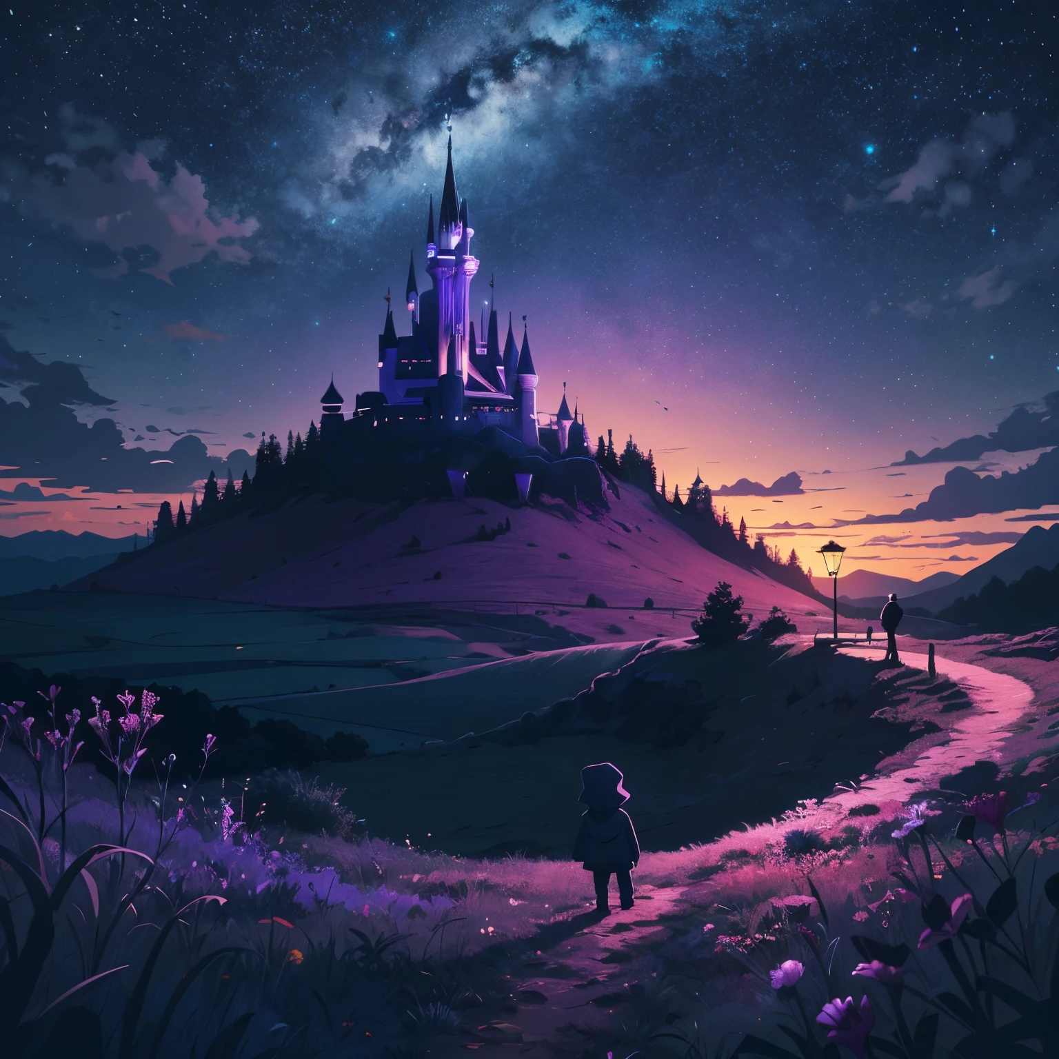 a small child, standing, hill, field, evening, dark night, purple tones, vector style, minimalist, fantasy style, animation style, disney style, hd, high resolution