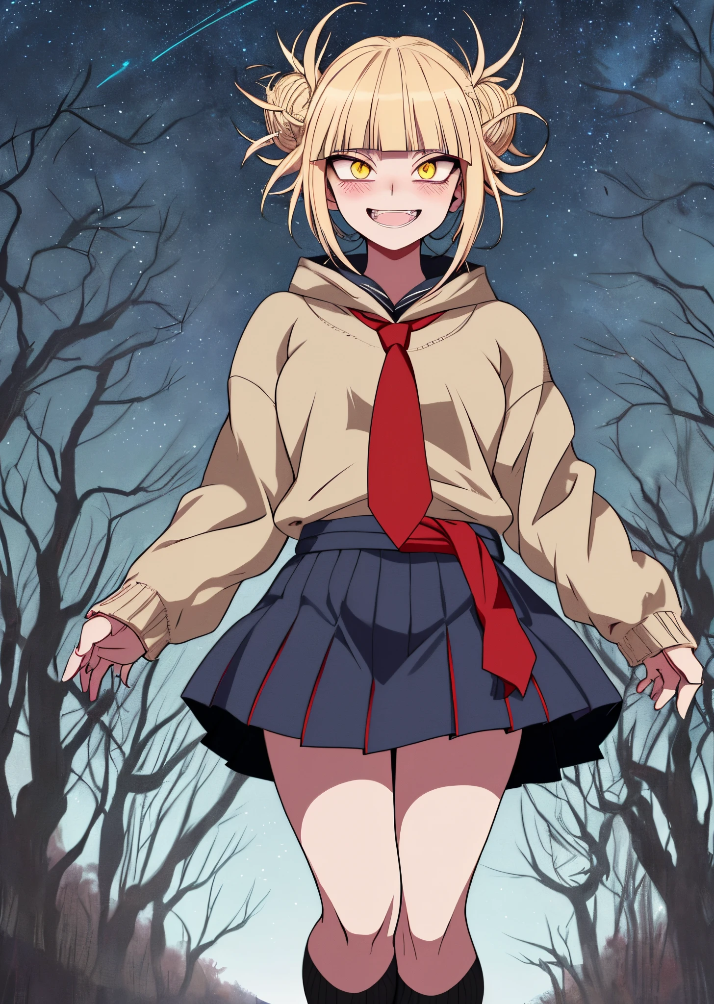 [himiko toga], [Boku no hero academia], ((masterpiece)), ((HD)), ((high res)), ((solo portrait)), ((front view)), ((waist up)), ((anime)), ((detailed shading)), ((detailed shadows)), ((cel shading)), ((intricate details)), ((horror)), {toga, (slim figure), (blonde hair), cute yellow eyes, (glowing eyes), short eyelashes, (beautiful legs), (blood on face), (blushing), (excited smile), (sharp white teeth)}, {(beige sweatshirt), (blue collar), (red tie), (blue skirt), (black knee-high socks), (brown loafers)}, {(standing), (hand on face), (looking at viewer)}, [Background; (blood splatters), (park), (trees), (nighttime), (starry sky), (full moon), (ambient lighting)]