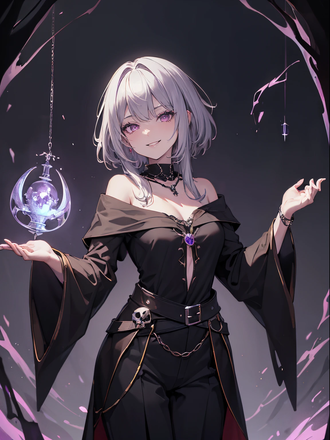 ((masterpiece、BEST QUALITY、high precision、High and fine))), ((fantasy)), 1girl, ((necromancer))), (heavy black robes, trousers, skull necklace ), (short white hair), table at a fantasy inn, devious smile, Dynamic angle, lilac eyes,