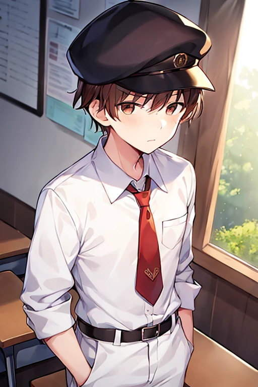 1boy, white shirt, brown eyes, brown hair, classroom, serious, forehead, scars, cap, hat, red necktie, necktie, belt, black pants, musuclar