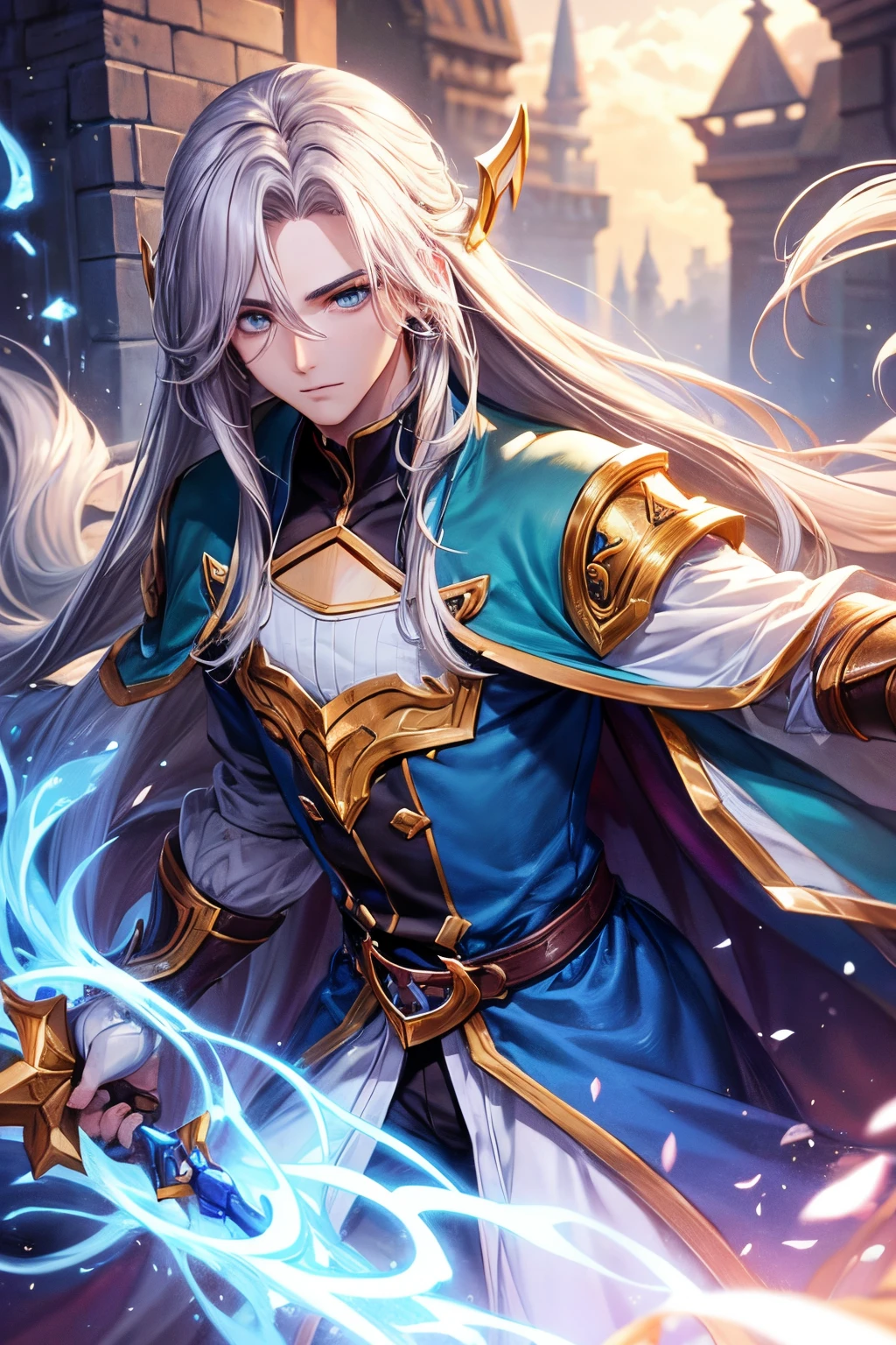 homen,cabelo branco,longo muito longo rapunzel,,olhos azuis,chifes, erzeal league of legends.