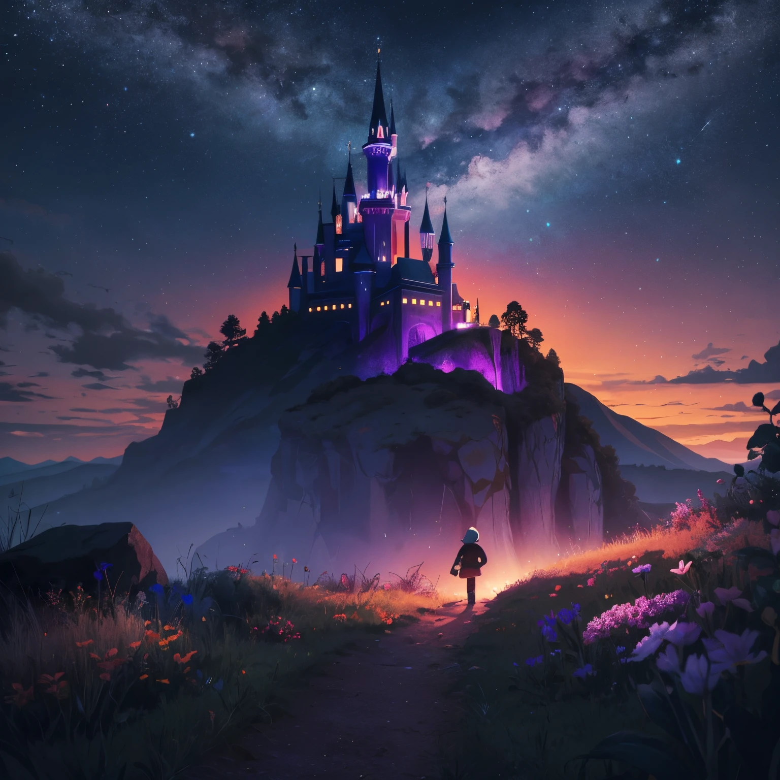 a , standing, hill, field, evening, dark night, purple tones, vector style, minimalist, fantasy style, animation style, disney style, hd, high resolution