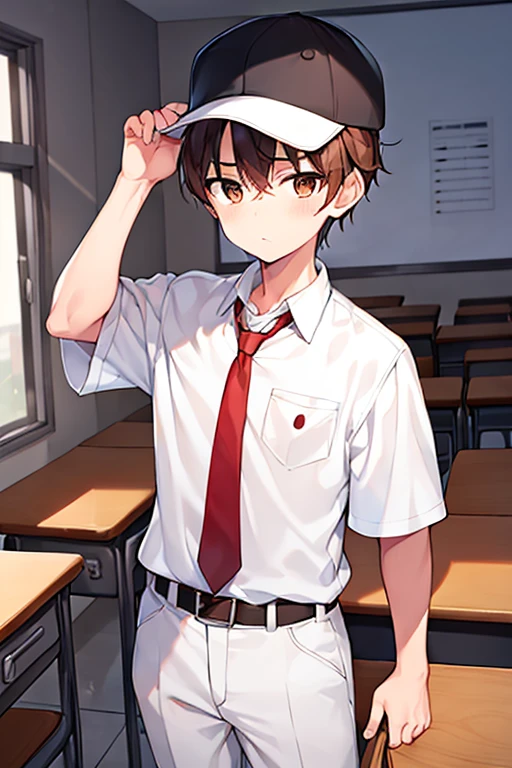 1boy, white shirt, brown eyes, brown hair, classroom, serious, forehead, scars, cap, hat, red necktie, necktie, belt, black pants, musuclar, baseball cap
