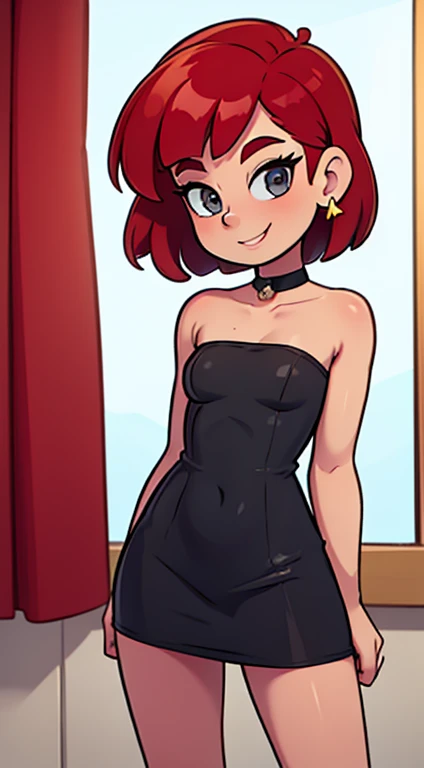 High quality, Masterpiece, 1 girl, solo, red hair, short hair, bob cut, black eyes, black chocker, bare arms, bare shoulders, little black dress, strapless dress, skin-tight dress, golden earrings, standing, smile, looking at viewer, arms at sides, curtain, royal ballroom background, sexy poses.