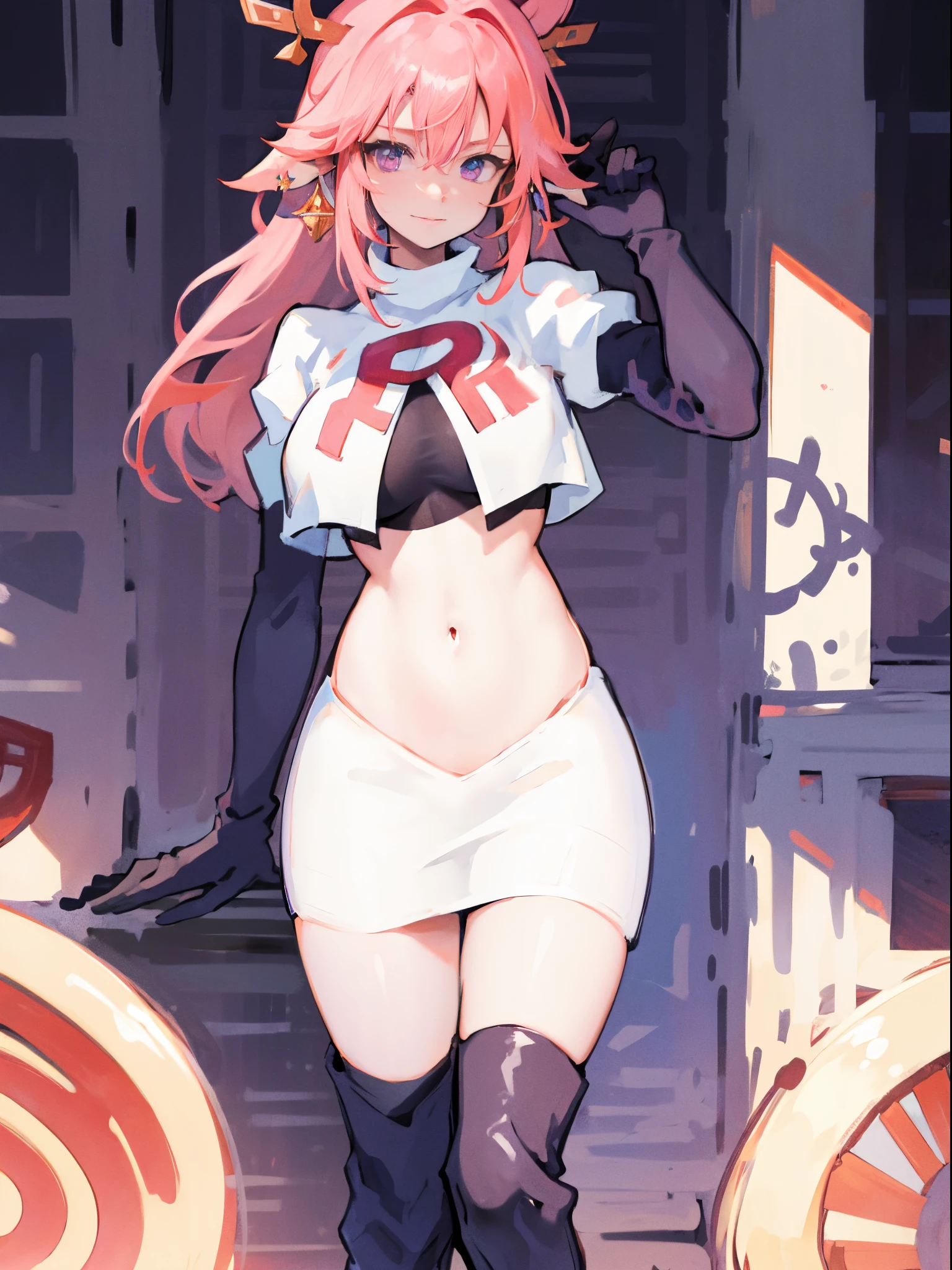((masterpiece, best quality)),8k ,Yae miko,1girl, \n/, animal ears, breasts, earrings, flower, fox ears, gem, hair between eyes, hair ornament, jewelry, long hair, medium breasts, miko, pink eyes, pink flower, pink hair, purple gemstone, sidelocks,team rocket,team rocket uniform,white skirt,crop top,black thigh-high boots,black elbow gloves,