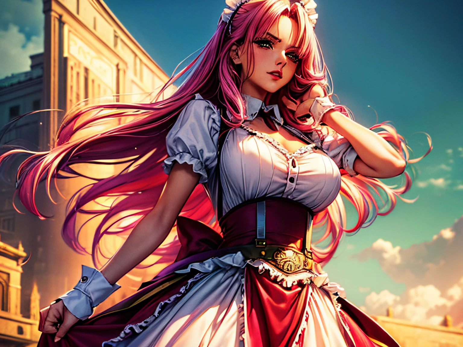 (Best quality at best,8K,A high resolution,tmasterpiece:1.2),Digital artwork, one lady，detailed face，detailed eyes，pink hair，Big breasts，long straight hair，red lip，Suspenders，standing，purple eyes，cover girl，cowboy shot，middle parted hairstyle，maid costume，green maid hair band，no bangs