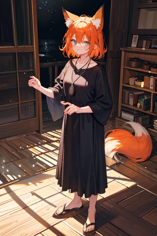 1 girl, fox ears, orange poses, blue eyes, necklace, face closed up, wet hair, humid, hot pornographic, intimate, beautiful, traced light, High details, digital art, Night, Loving, Blushing, insecure, cute, , Shadows, Contrast, Beautiful eyes, gentle, delicate, scalp, vivid eyes, messy hair, full body standing looking at you